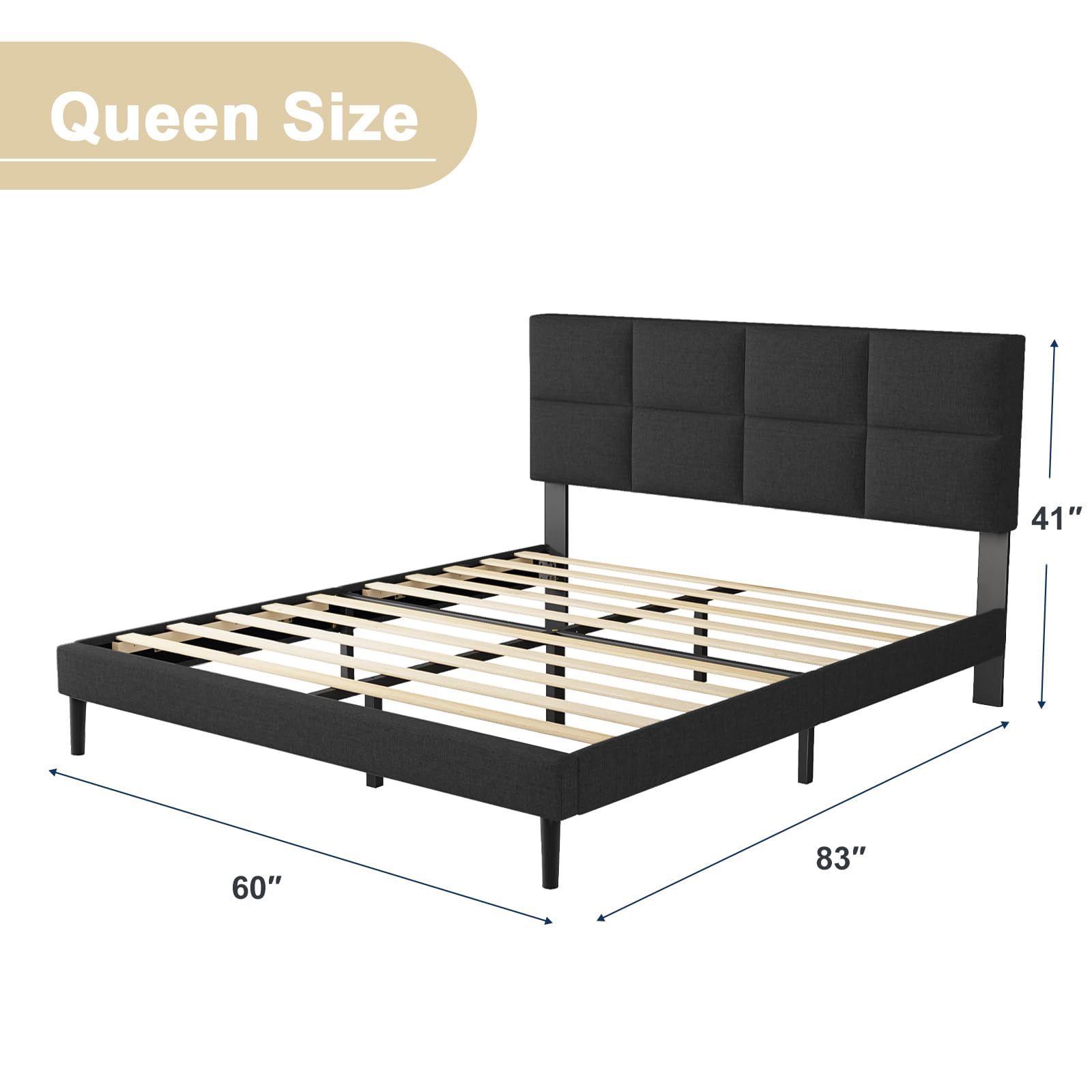Natulliy Upholstered Queen Size Bed Frame with Headboard & Underbed Storage | Heavy Duty Steel Slat Support | Black Platform Bed | Perfect for Master Bedroom, Guest Room & Small Spaces