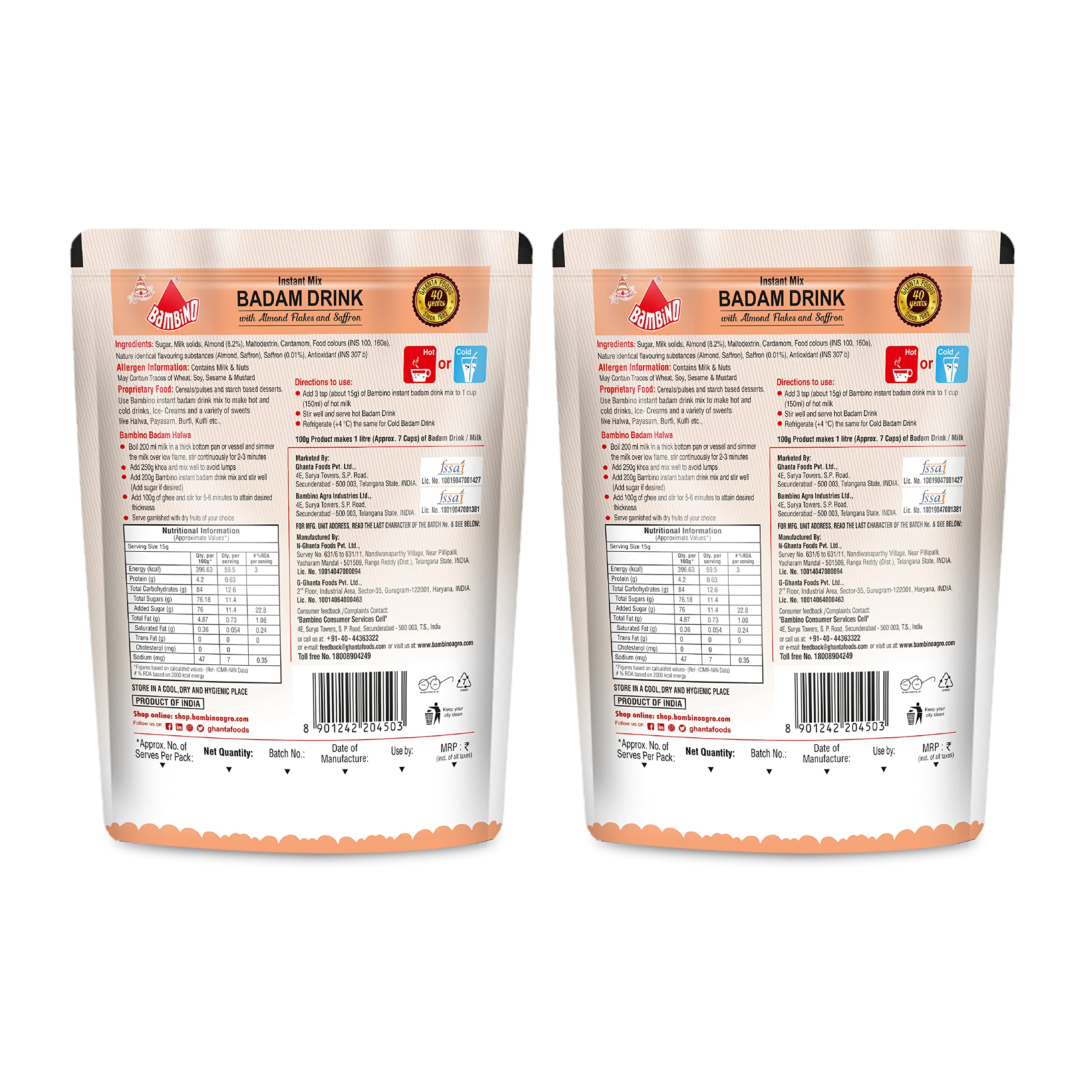Bambino Instant Badam Drink Mix - 400g (2 x 200g Pack) | Almond Flavored Powder for Milk Shakes, Smoothies & Desserts | Quick & Easy Beverage Solution for Home, Office & Parties
