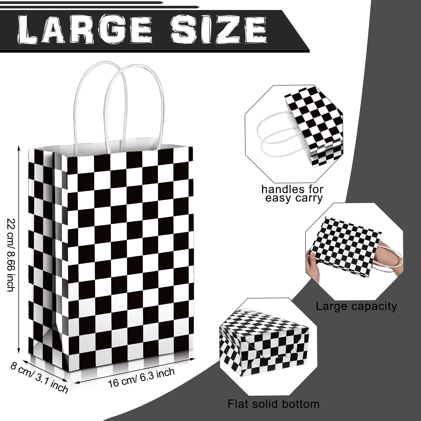 Epakh 16 Pcs Checkered Racing Treat Bags - Black & White Race Car Party Favors with Handles - Themed Birthday Party Supplies - Perfect for Race Car Birthday Parties, Candy Goodie Bags, and Checkered Flag Decorations