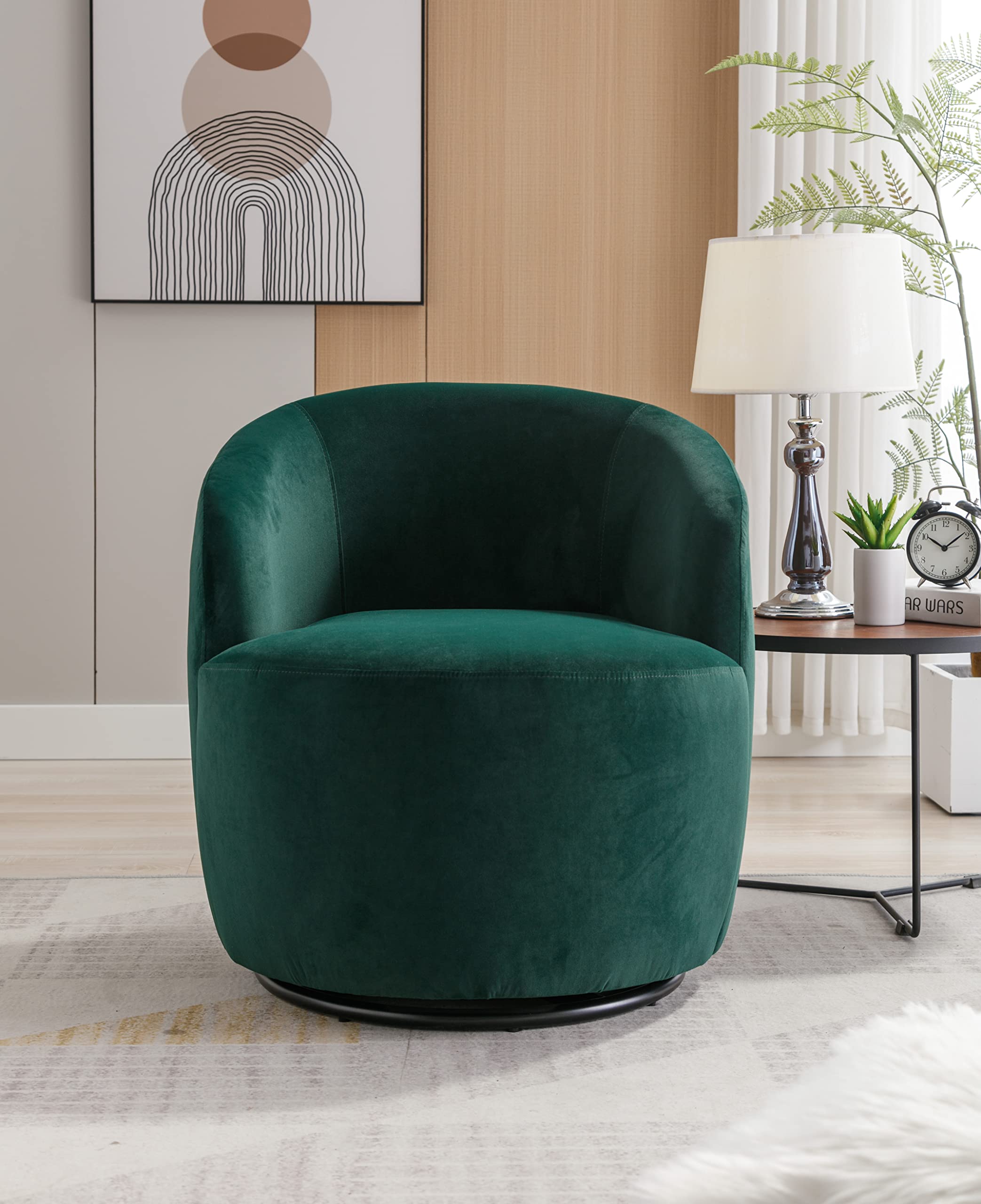 NicBex Velvet Swivel Accent Chair - Upholstered Barrel Armchair with Black Powder-Coated Metal Base for Living Room, Bedroom & Makeup Area | Comfy Green Velvet Fabric, 360-Degree Rotation