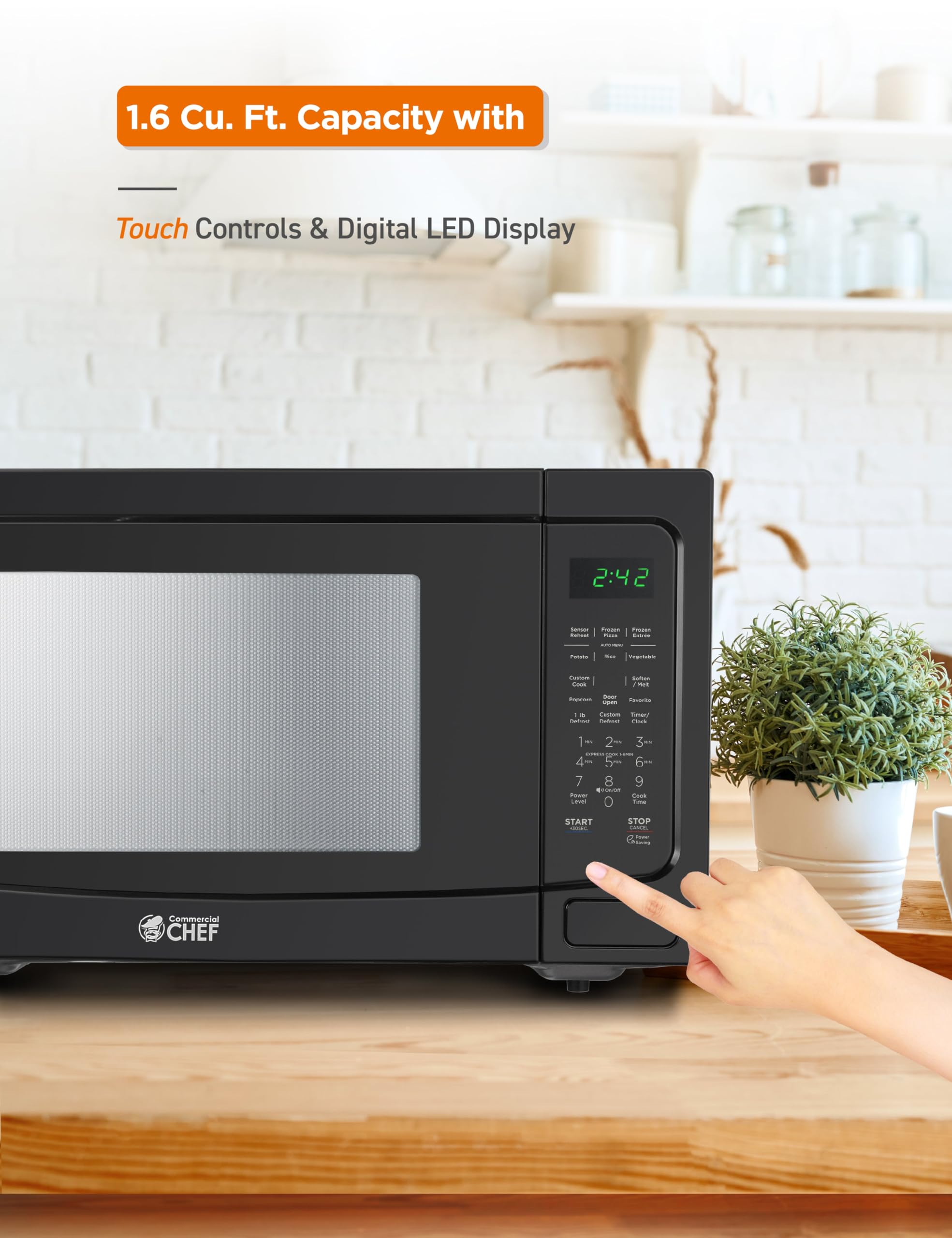 Commercial Chef 1.6 Cu Ft Countertop Microwave Oven - 1100W with 10 Power Levels, Digital Controls & Child Safety Lock - Perfect for Small Kitchens, Dorms & Offices - Black