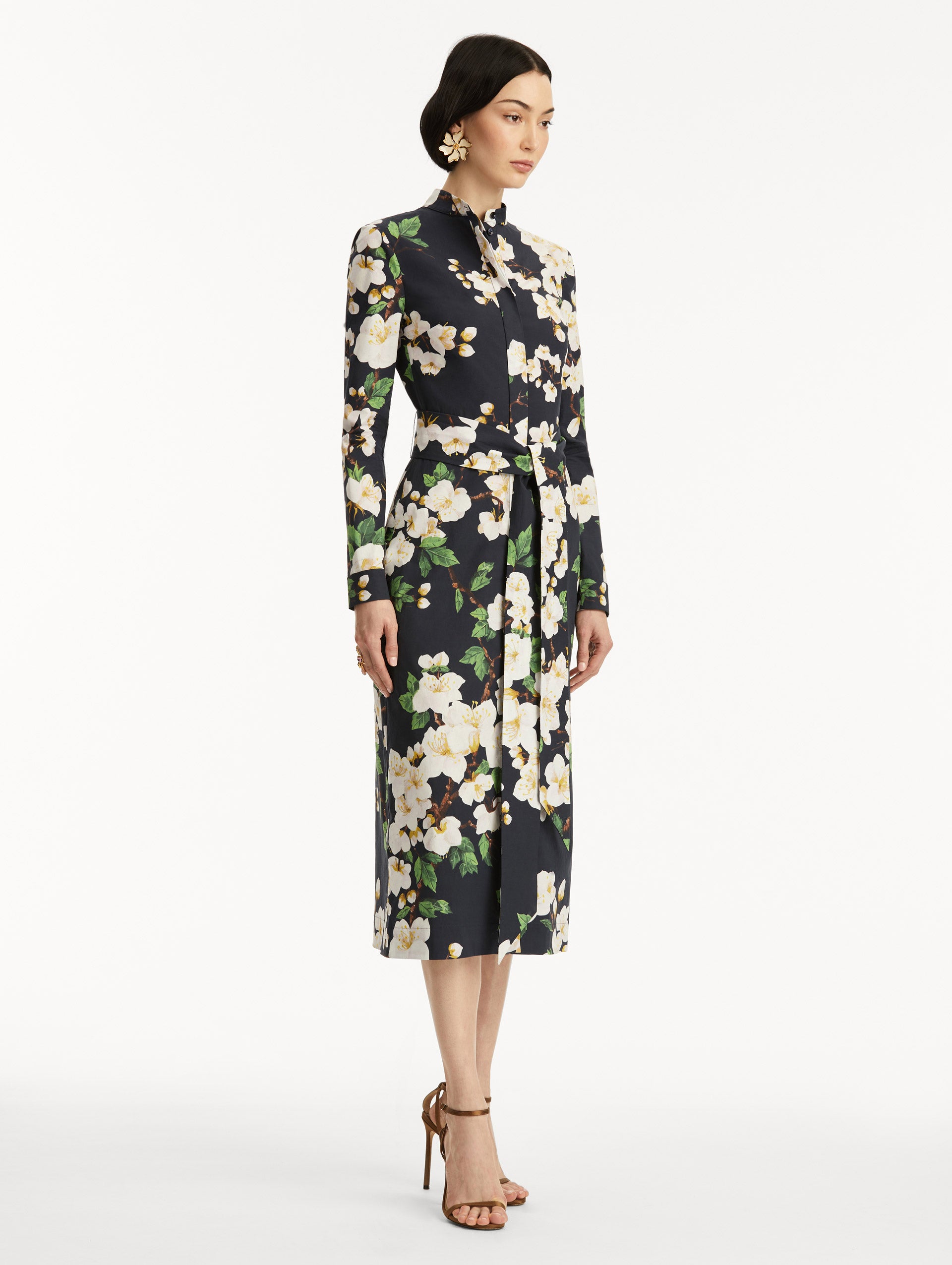 Cherry Blossom Floral Print Cotton Poplin Pencil Dress for Women - Elegant Office & Spring Wedding Guest Outfit