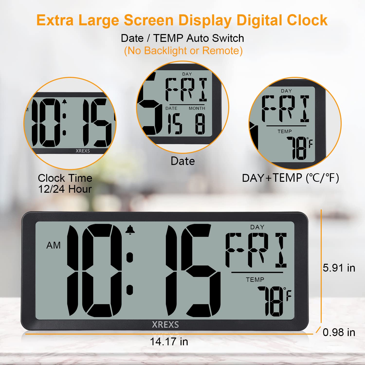 XREXS 14.17 Inch Large Digital Wall Clock with LCD Screen - Battery Operated Alarm Clock with Time, Calendar & Temperature Display - Count Up/Down Timer for Bedroom, Office & Home Decor (Batteries Included) - Perfect for Living Rooms, Kitchens, Classrooms & Workspaces