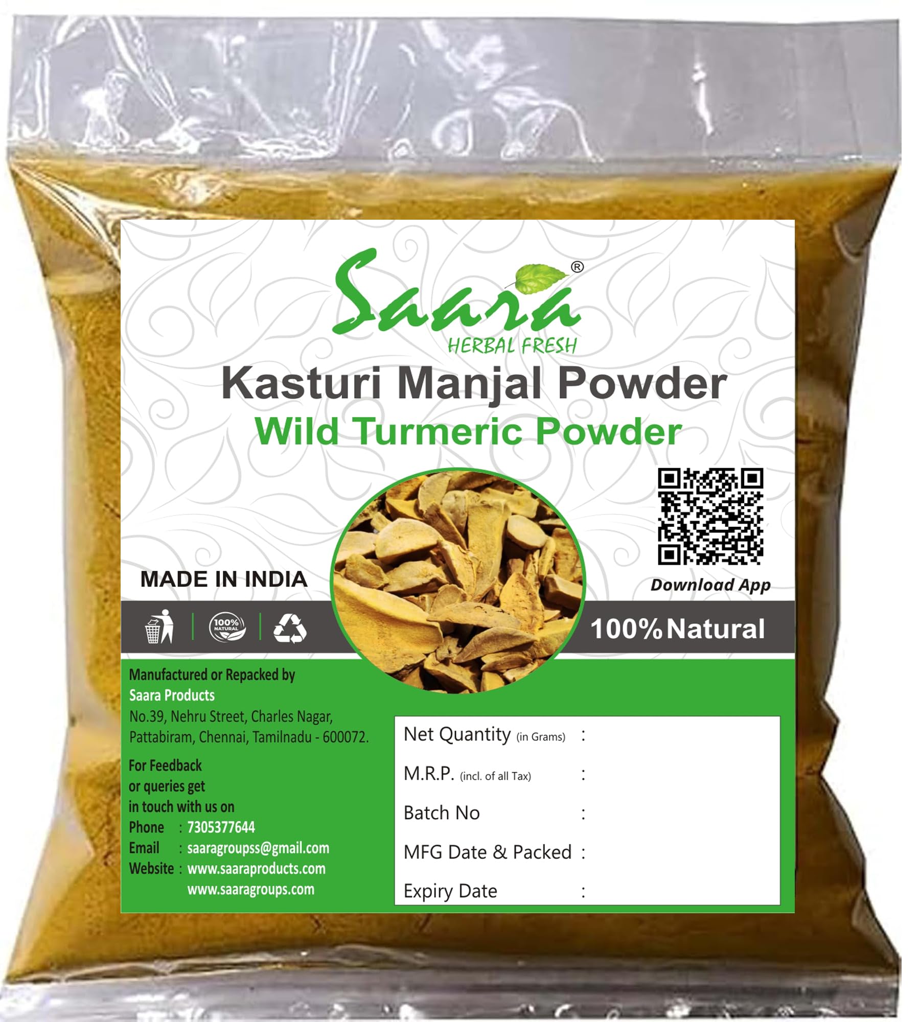 Saara HERBAL FRESH Wild Turmeric Powder (Kasturi Manjal) 200g - Pure Kasthuri Haldi for Skin & Face Care - Natural Brightening & Anti-Aging Solution - Pack of 2 X 100g - Perfect for DIY Face Masks, Skin Lightening & Ayurvedic Beauty Rituals