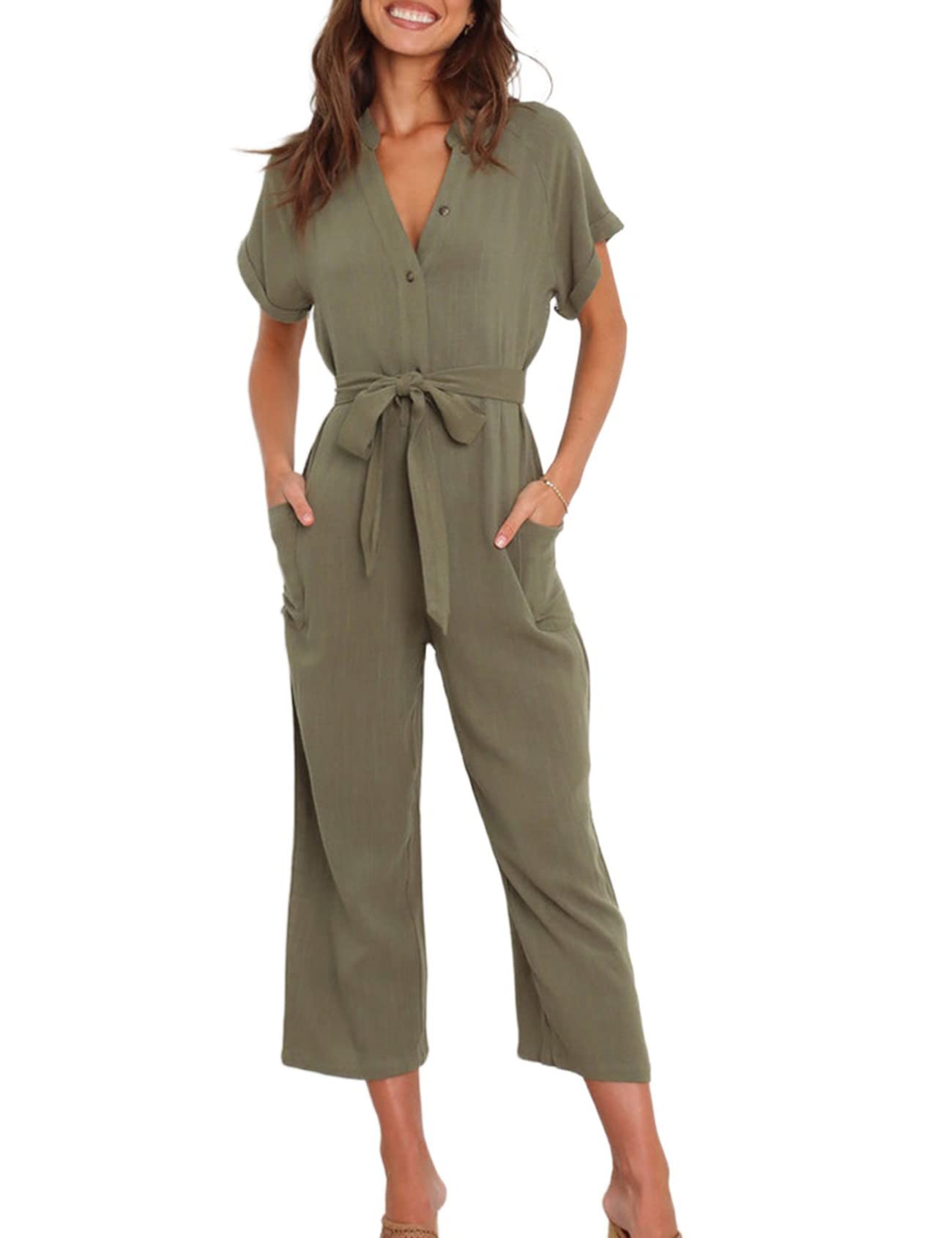 Kissonic Women's Short Sleeve V-Neck Button Down Wide Leg Jumpsuit with Belt - Casual Summer Romper for Beach, Travel & Everyday Wear
