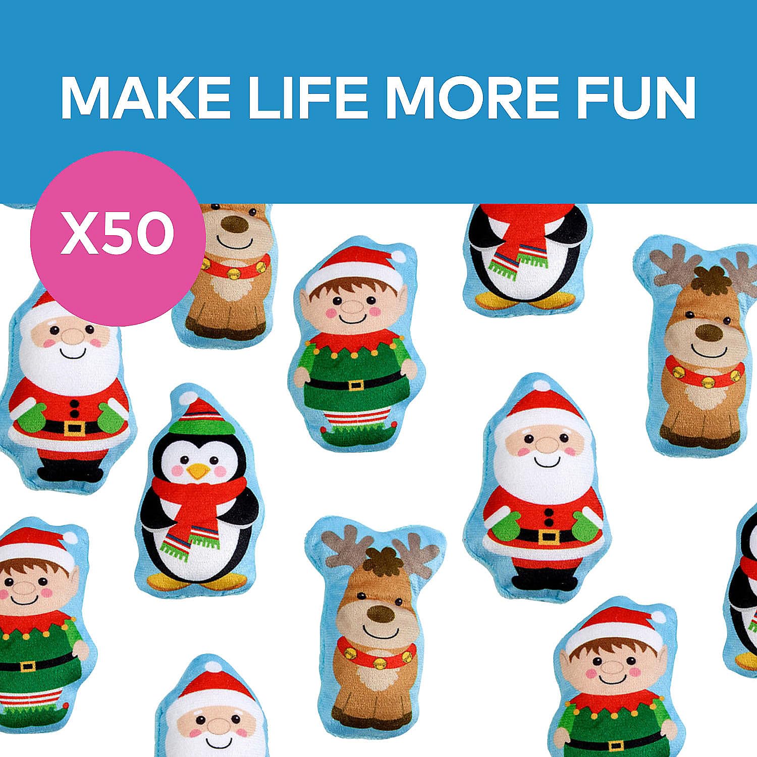 Fun Express Plush Christmas Character Assortment - 50 Piece Soft Stuffed Animal Toy Set for Holiday Decorations, Party Favors & Gift Giving