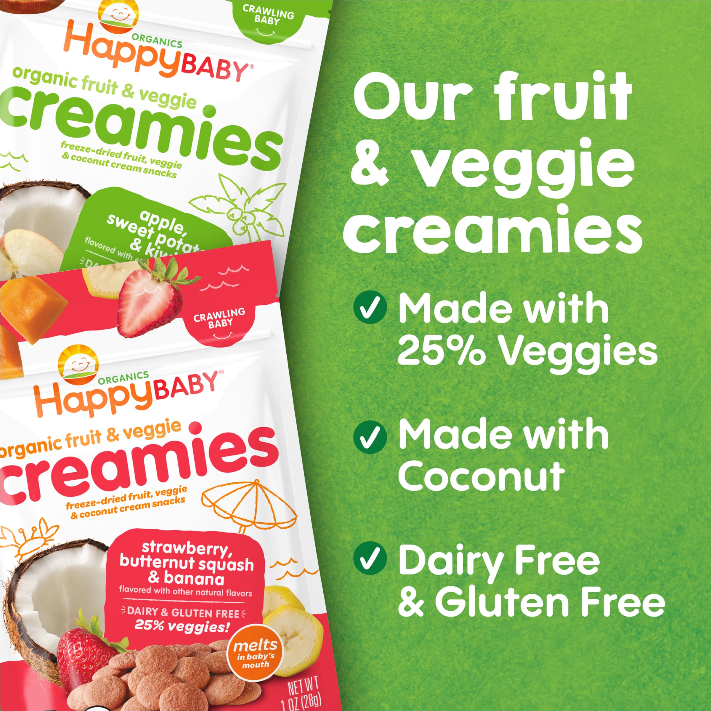 Happy Baby Organic Creamies Freeze-Dried Fruit & Veggie Snacks with Apple, Sweet Potato, Kiwi & Coconut - Healthy Baby Food for Crawling Infants - 1oz Pack of 8 - Perfect for On-the-Go Snacking & Toddler Lunchboxes