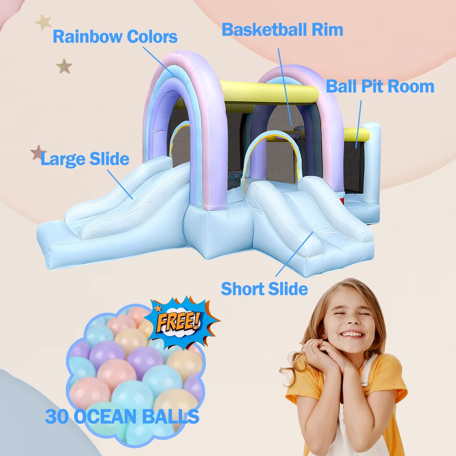 RETRO JUMP Inflatable Bounce House for Kids - Blue Marshmallow Bouncy Castle with Slide, Ball Play Room & Basketball Hoop | Outdoor Inflatable Playhouse with Blower, Balls, Patch Kits & Stakes | Perfect for Birthday Parties, Backyard Fun & Outdoor Playdates