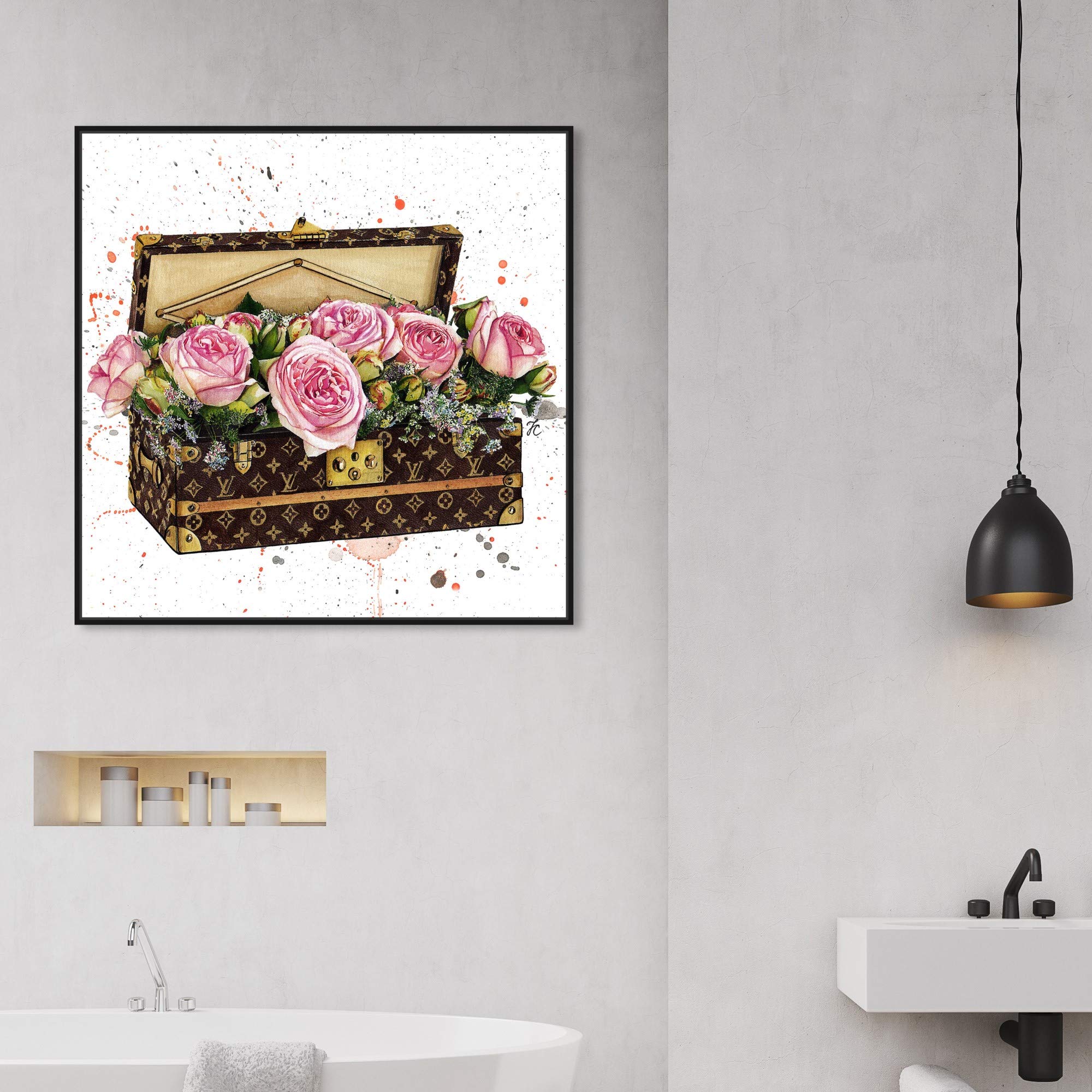 Oliver Gal Artist Co. 'Doll Memories - Trunk Full of Flowers' Fashion Glam Wall Art Canvas Print - 30x30 Inch Pink & Brown Home Decor for Living Room, Bedroom, or Office