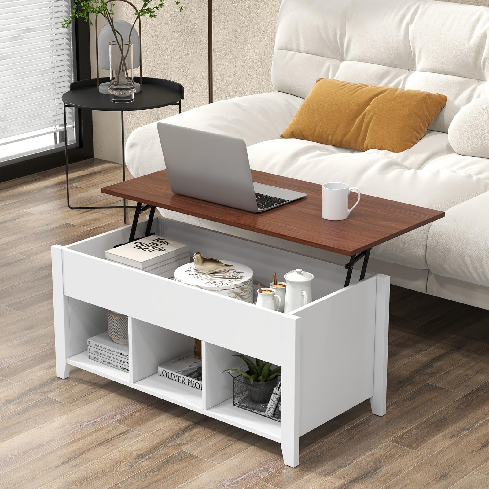 Vintage Lift-Top Coffee Table with Hidden Storage & Display Shelves - White & Brown Retro Design for Living Room, Bedroom, Home & Office - Perfect for Tea Time, Dining, and Extra Storage Space