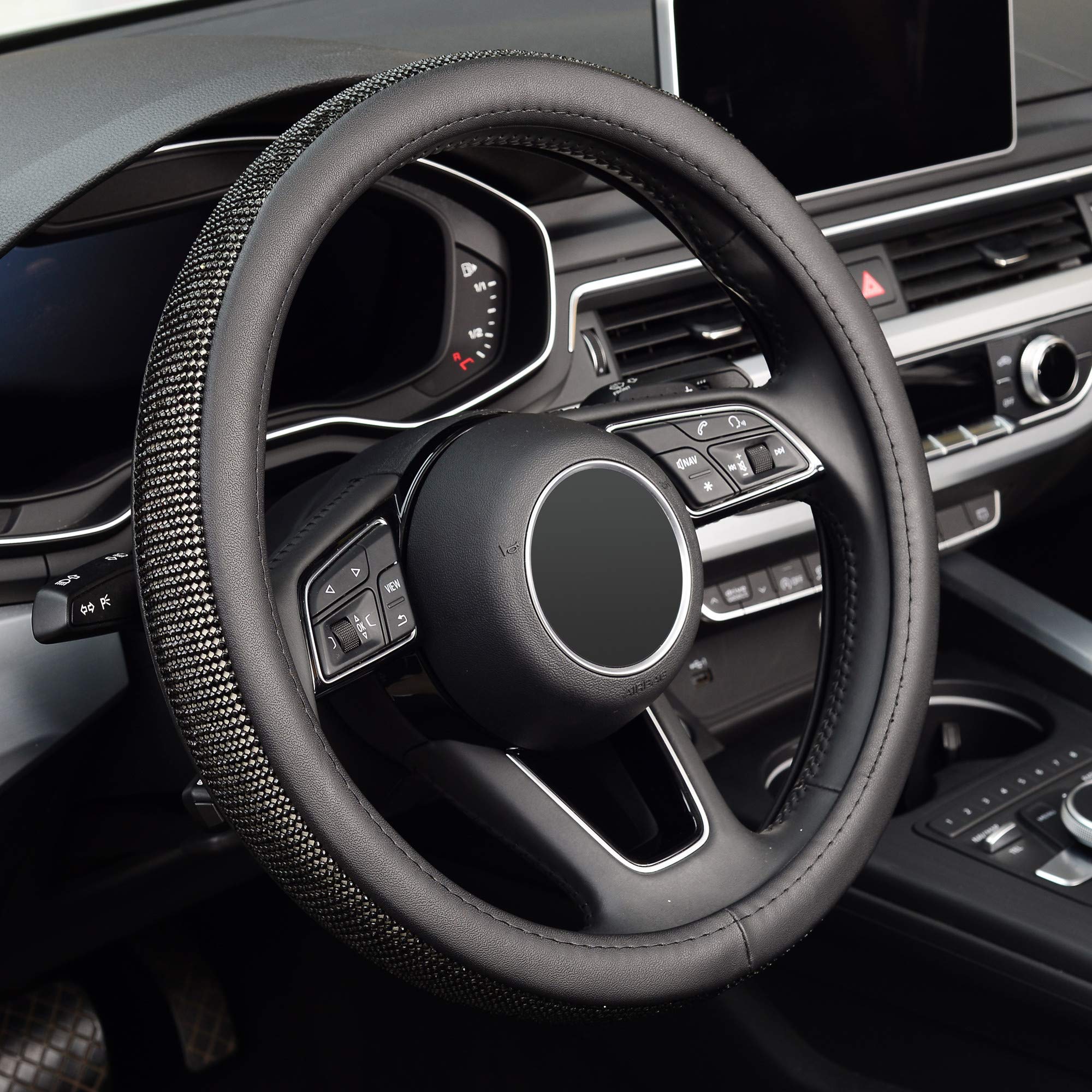 Diamond Leather Steering Wheel Cover with Bling Bling Crystal Rhinestones - Universal Fit 15 Inch Car Wheel Protector for Women & Girls (Black Diamond) | Luxury Car Accessory for Daily Driving & Gifts