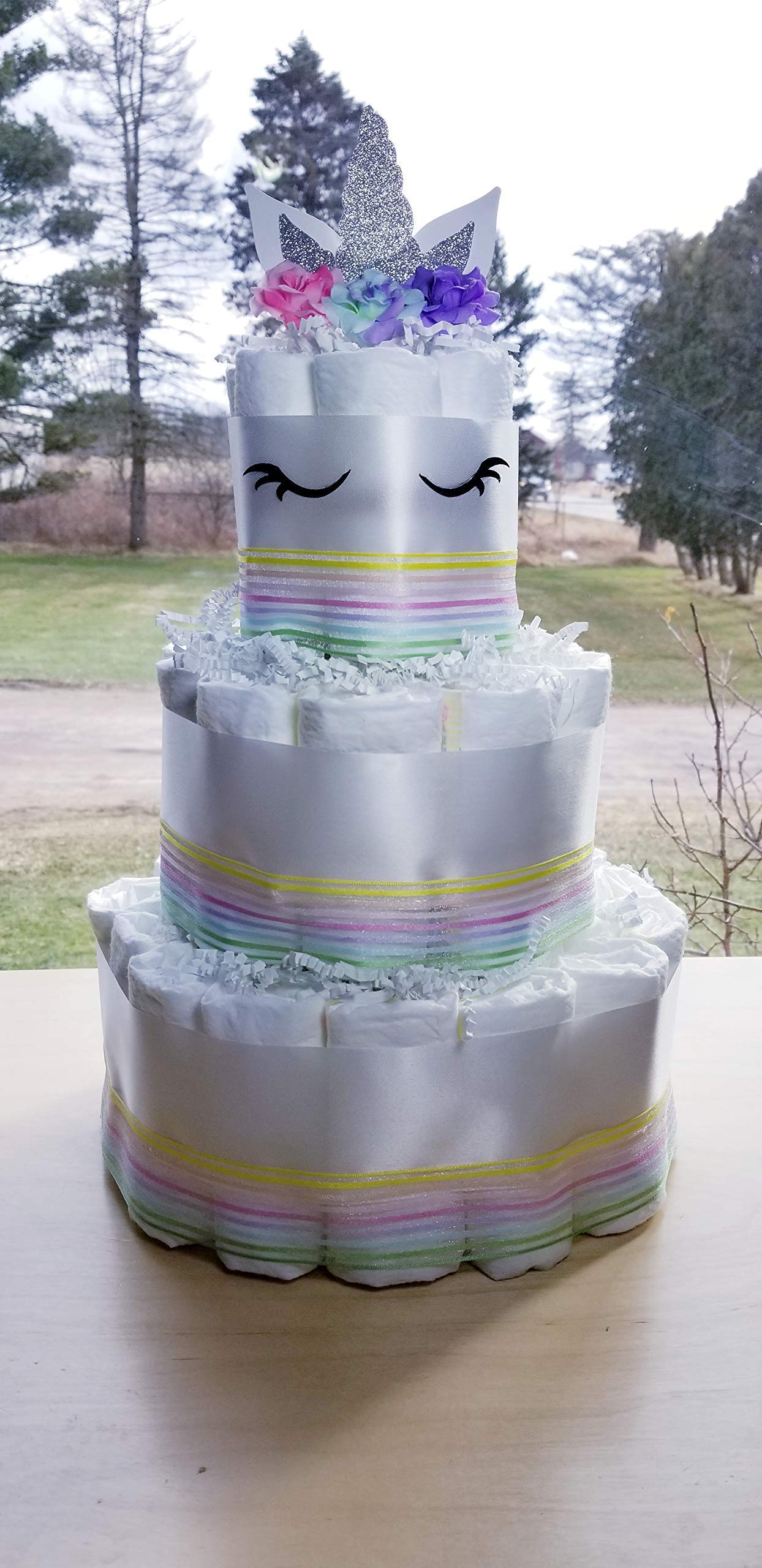 3 Tier Unicorn Diaper Cake for Baby Shower - Pastel Rainbow Diaper Tower with Gold/Silver Options - Perfect Gender Reveal Gift & Newborn Celebration Decoration