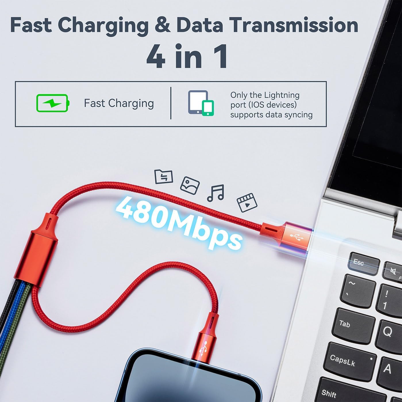 3.5A Fast Charging Cable [35CM] - 4-in-1 Multi Charger with Micro USB/Type C/Lightning - Nylon Braided for iPhone 16/15/14/13/12/11/Xs/X & Android Galaxy/Huawei/Nokia/Sony - Perfect for Home, Office & Travel Charging
