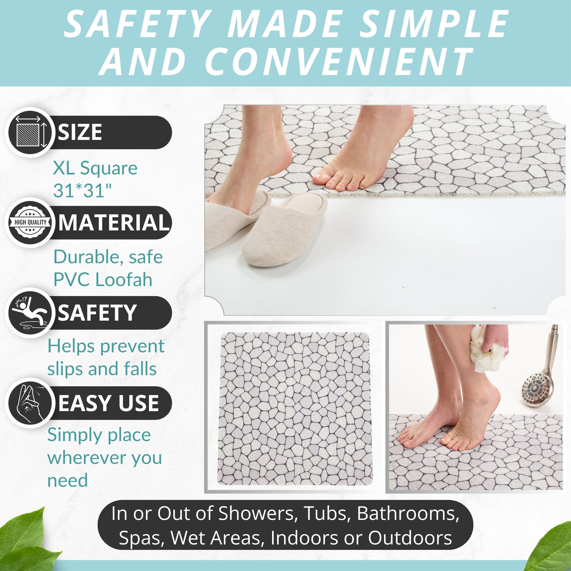 Non-Slip Square Shower Mat 31x31 Inches - Extra Large Pebble Bath Mat for Shower Floor - Anti-Slip Loofah Design for Safety - Perfect for Bathroom, Spa, and Wet Room Use