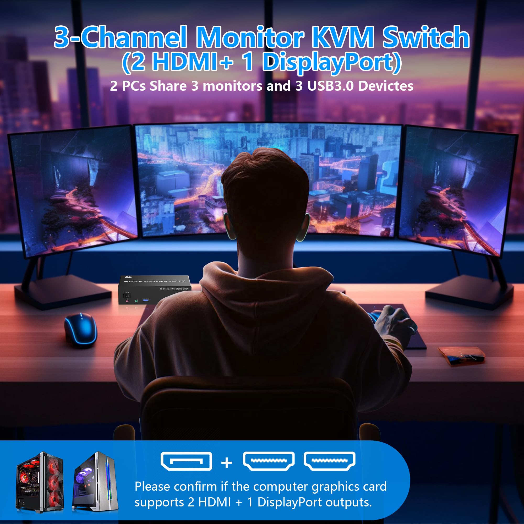 8K@60Hz 4K@144Hz Triple Monitor KVM Switch for 2 Computers - 2 HDMI + DisplayPort, USB 3.0 Hub, 1000Mbps Ethernet, Audio/Mic Support - Perfect for Multi-Tasking, Gaming & Office Workstations