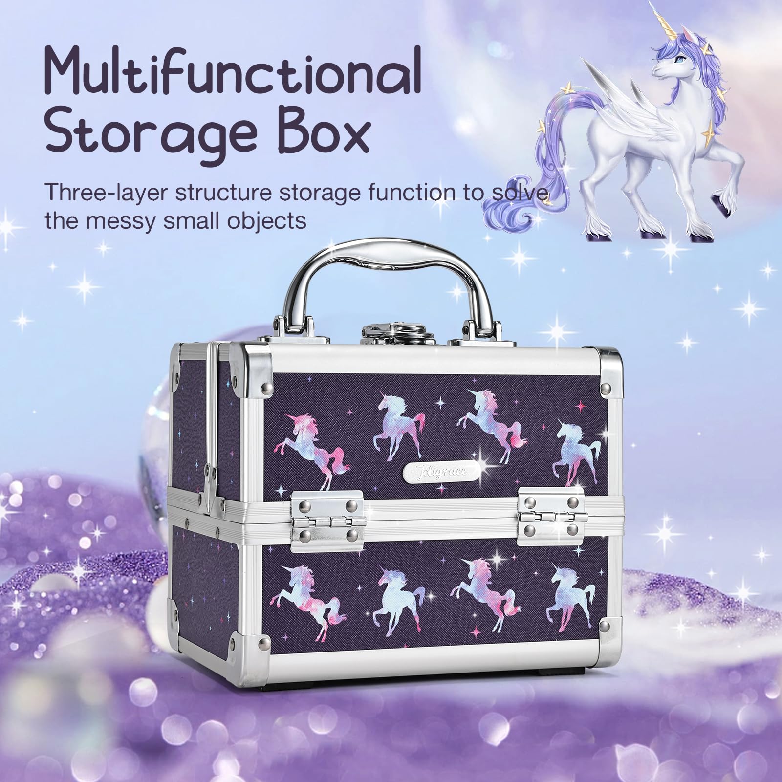 Joligrace Unicorn Makeup Box for Girls - Portable Travel Cosmetic Case with Mirror, Lockable Jewelry Organizer, Lightweight & Durable (19.5x15x16cm) - Perfect for Travel, Birthday Gifts & Beauty Storage