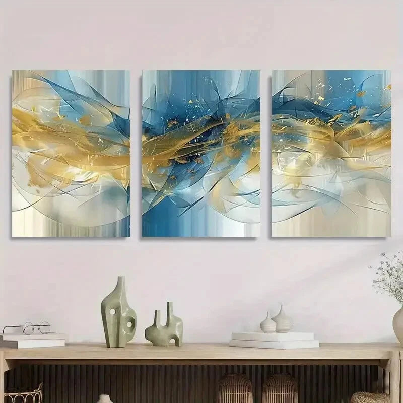 3-Piece Abstract Blue and Gold Swirl Metal Wall Art - Ready to Hang Modern Home Decor for Living Room, Bedroom & Office