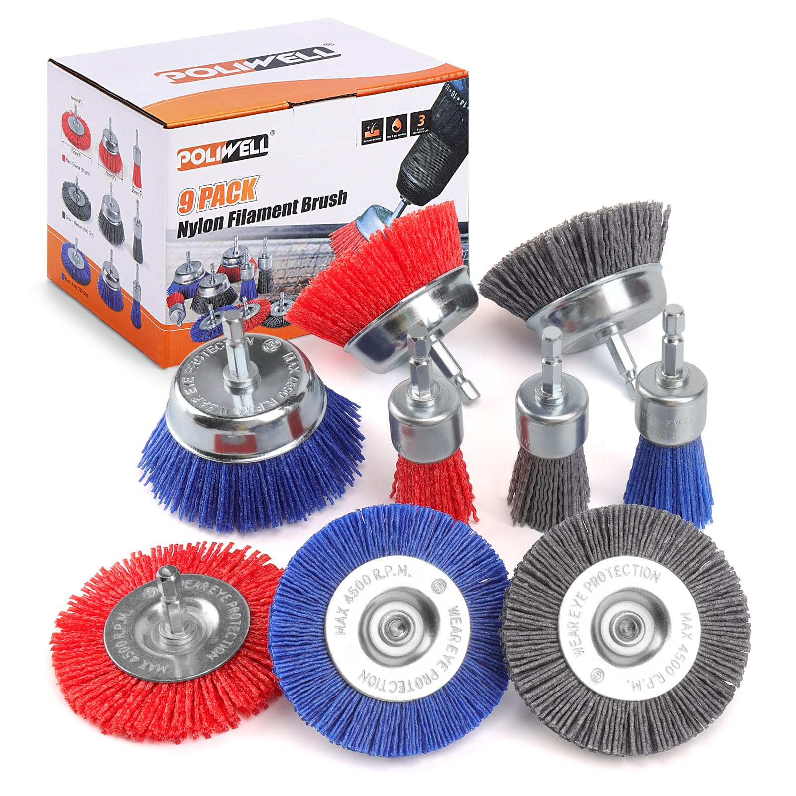 POLIWELL 9-Pack Nylon Filament Brush Set - Abrasive Wire Brush Wheel & Cup Brush with 1/4