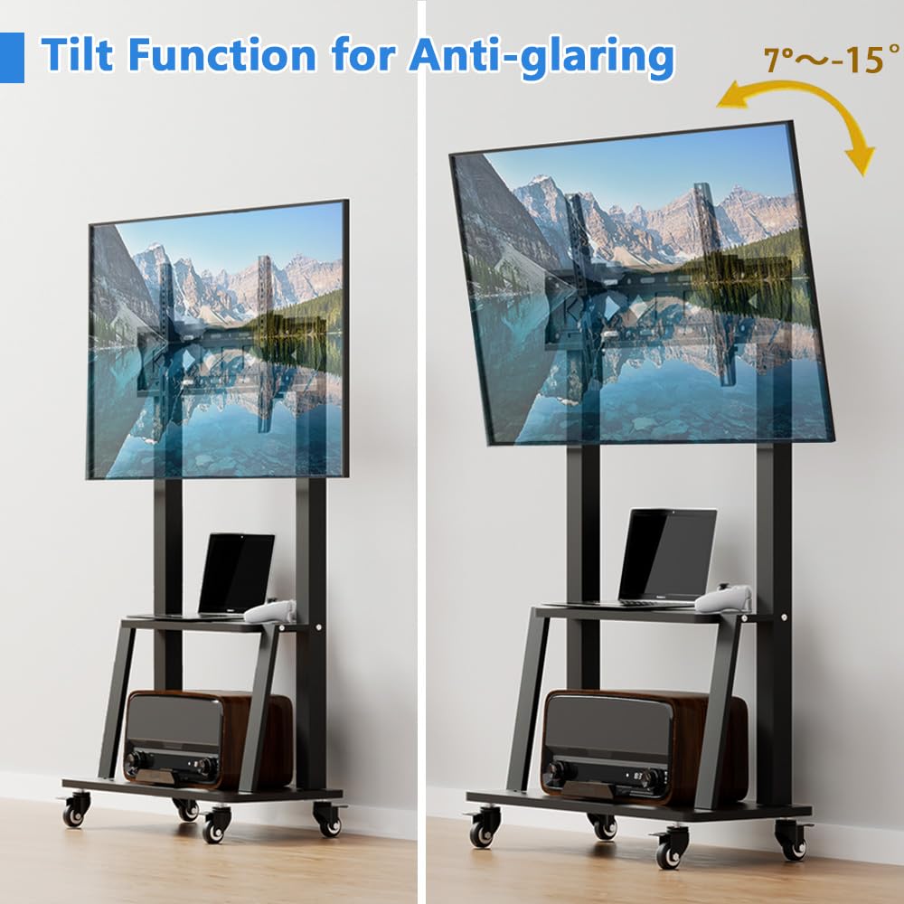 Portable Mobile TV Cart Stand with Wheels for 32-75 Inch TVs - Adjustable Height & 15° Viewing Angle, 130LBS Capacity, VESA 600×400 - Perfect for Living Room, Bedroom, or Office Entertainment Setup