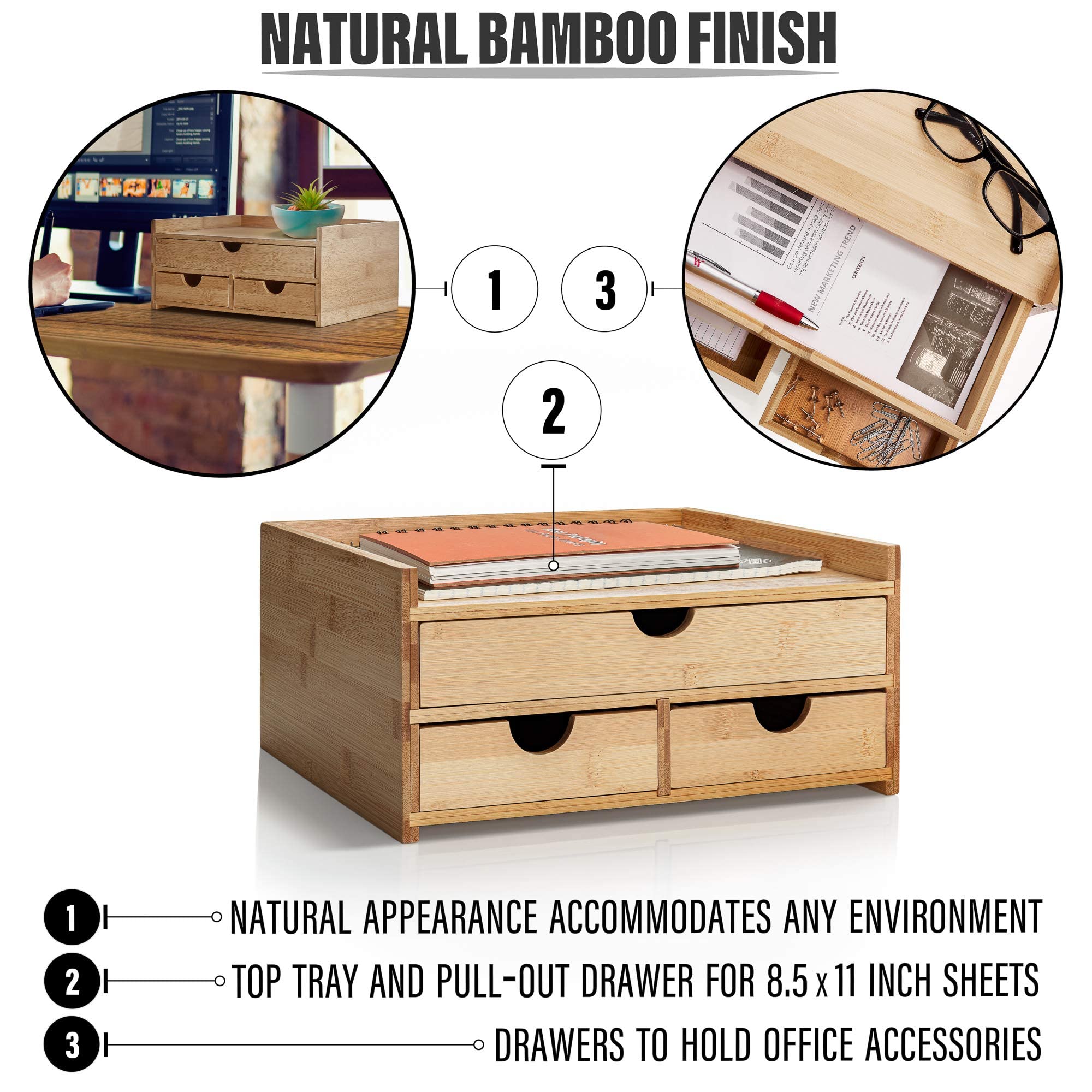 Premium Bamboo Desktop Organizer with Drawers - Stylish Home & Office Storage Solution for Pens, Papers & Supplies | Perfect for Workstations, Study Desks & Gift Giving
