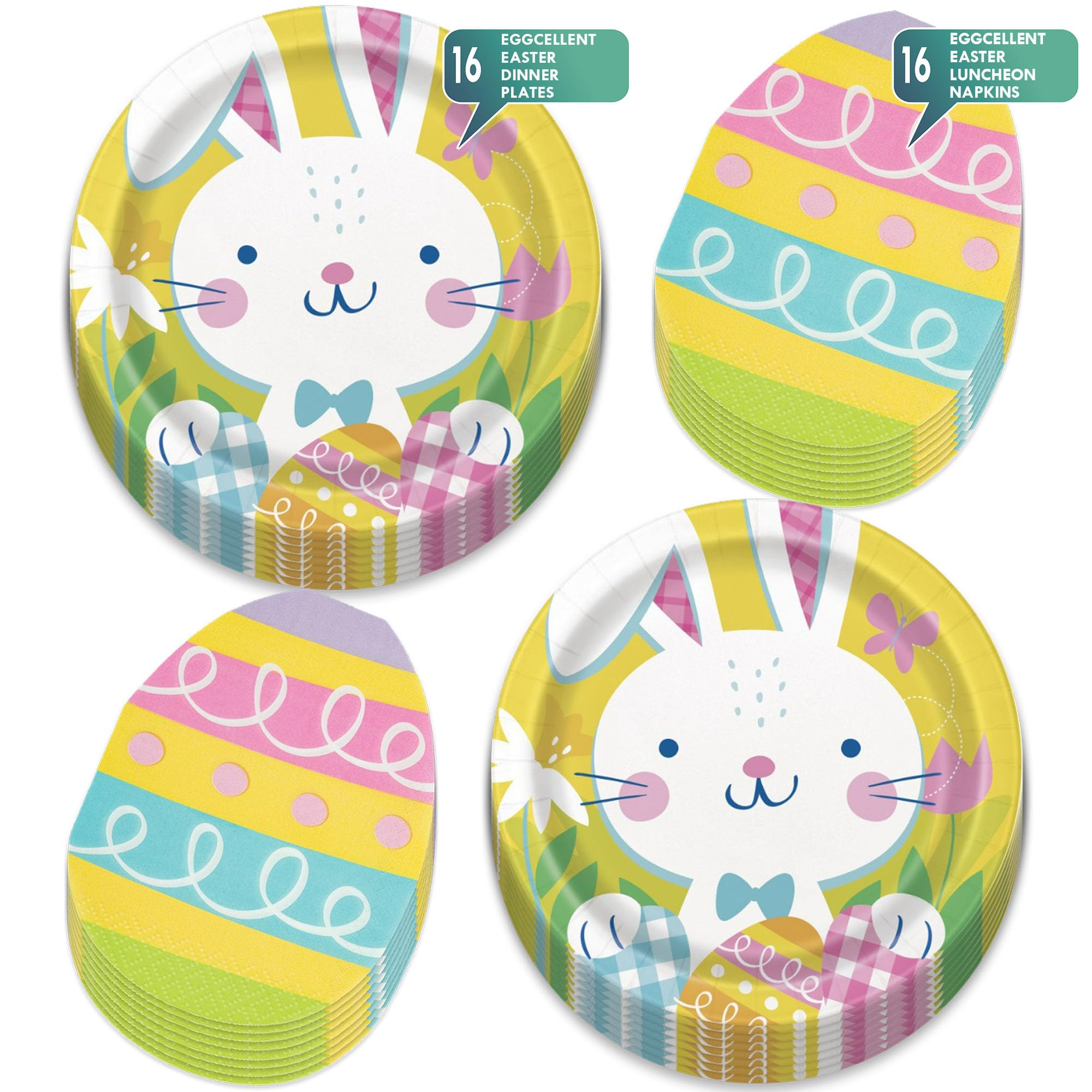 Easter Party Supplies Set - 16-Pack Bunny Yellow Paper Plates & Egg Napkins for Easter Dinner, Spring Celebrations & Kids Birthday Parties