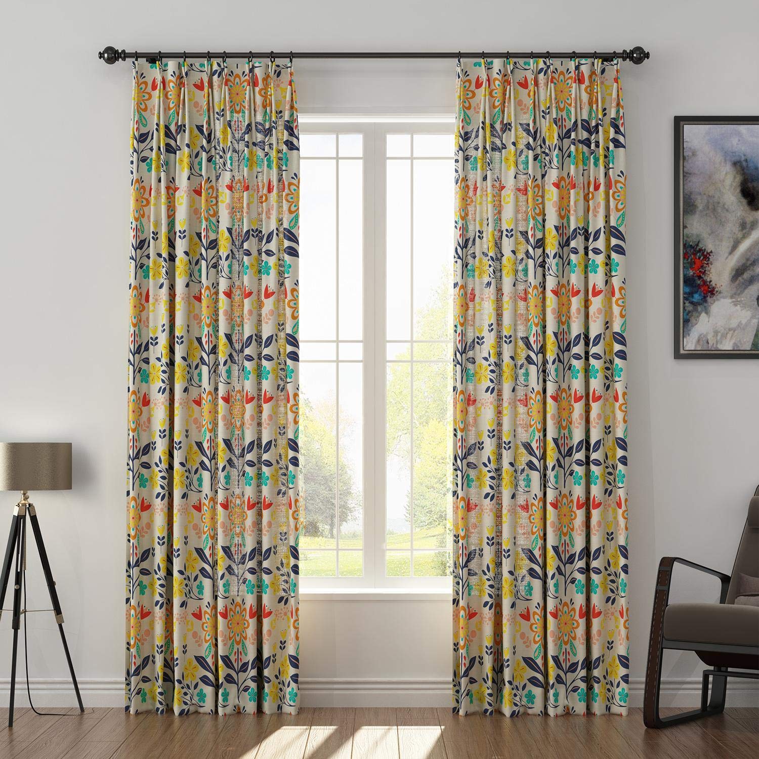 Floral Linen Blackout Curtains for Living Room - 50x72 Inch Dark Blue & Yellow Pinch Pleat Window Drapes - Light Reducing, Thermal Insulated Room Darkening Curtain Panel - Perfect for Bedroom, Nursery & Home Decor