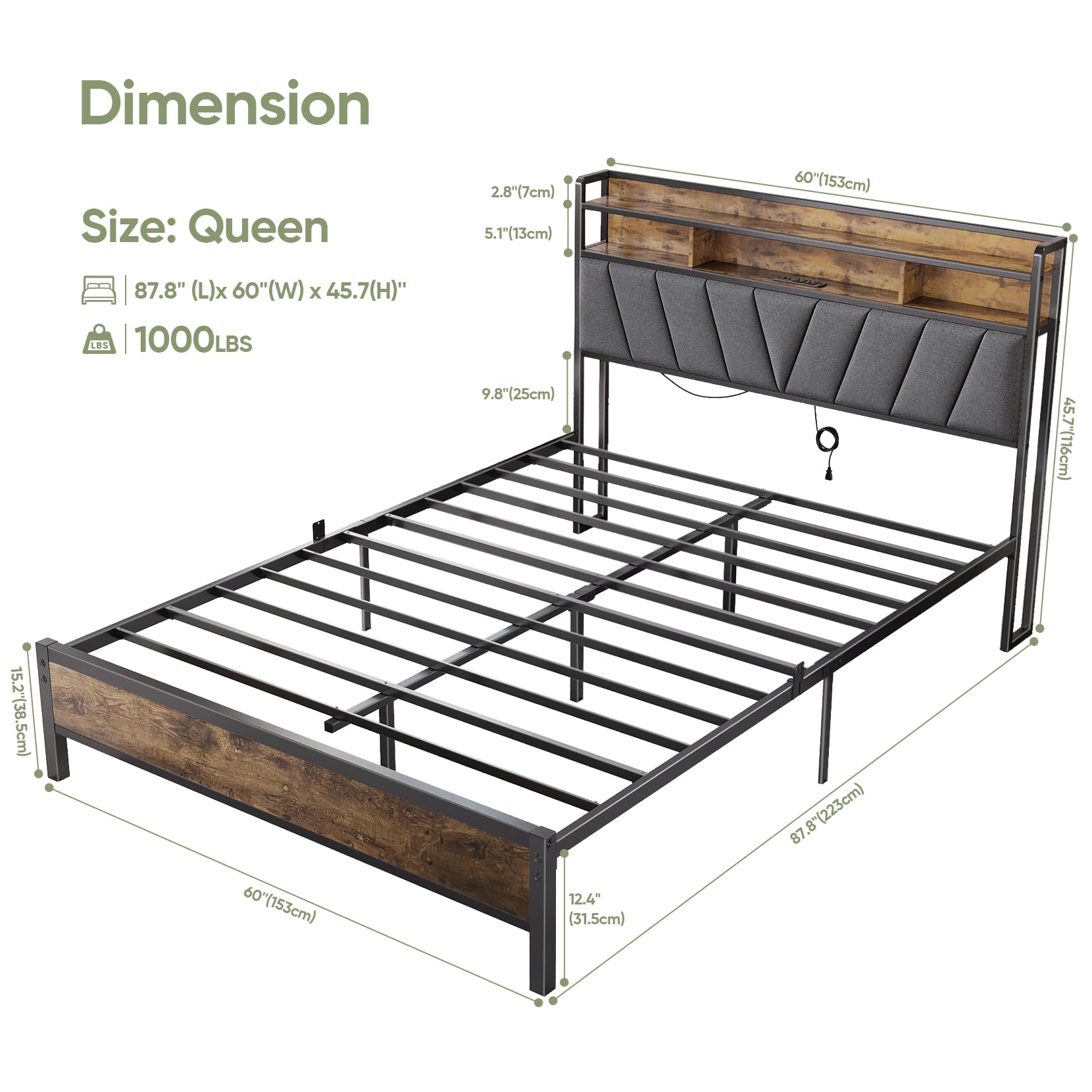 Queen Size Bed Frame with LED Headboard & USB Charging Station - Sturdy Metal Platform Bed with Underbed Storage, Noise-Free Design, No Box Spring Needed, Brown - Perfect for Modern Bedrooms, Guest Rooms & Small Spaces