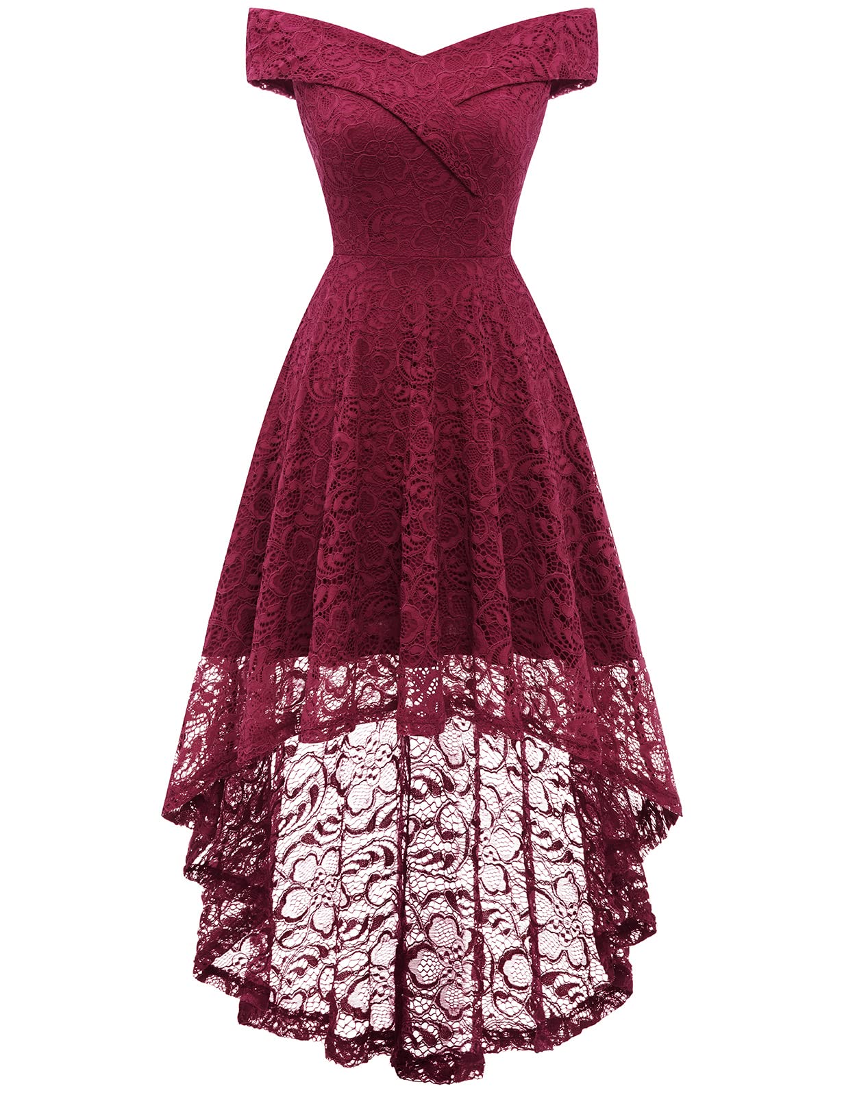 Elegant Floral Lace Off Shoulder High Low Hem Dress for Women - Perfect for Weddings, Cocktail Parties & Special Occasions