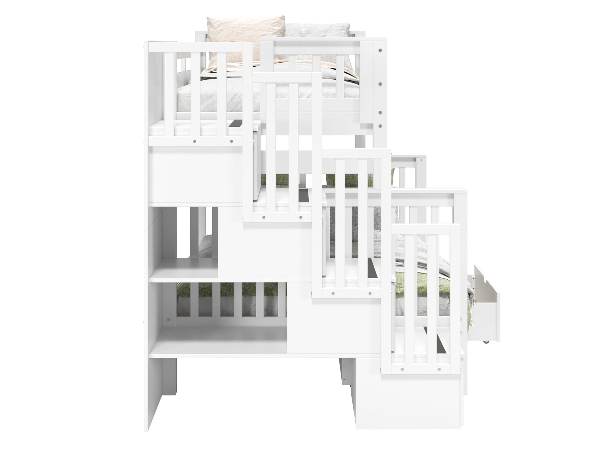White Twin Over Full Bunk Bed with Stairway & 2 Drawers - Space-Saving Kids Bedroom Furniture for Small Rooms & Shared Sibling Spaces