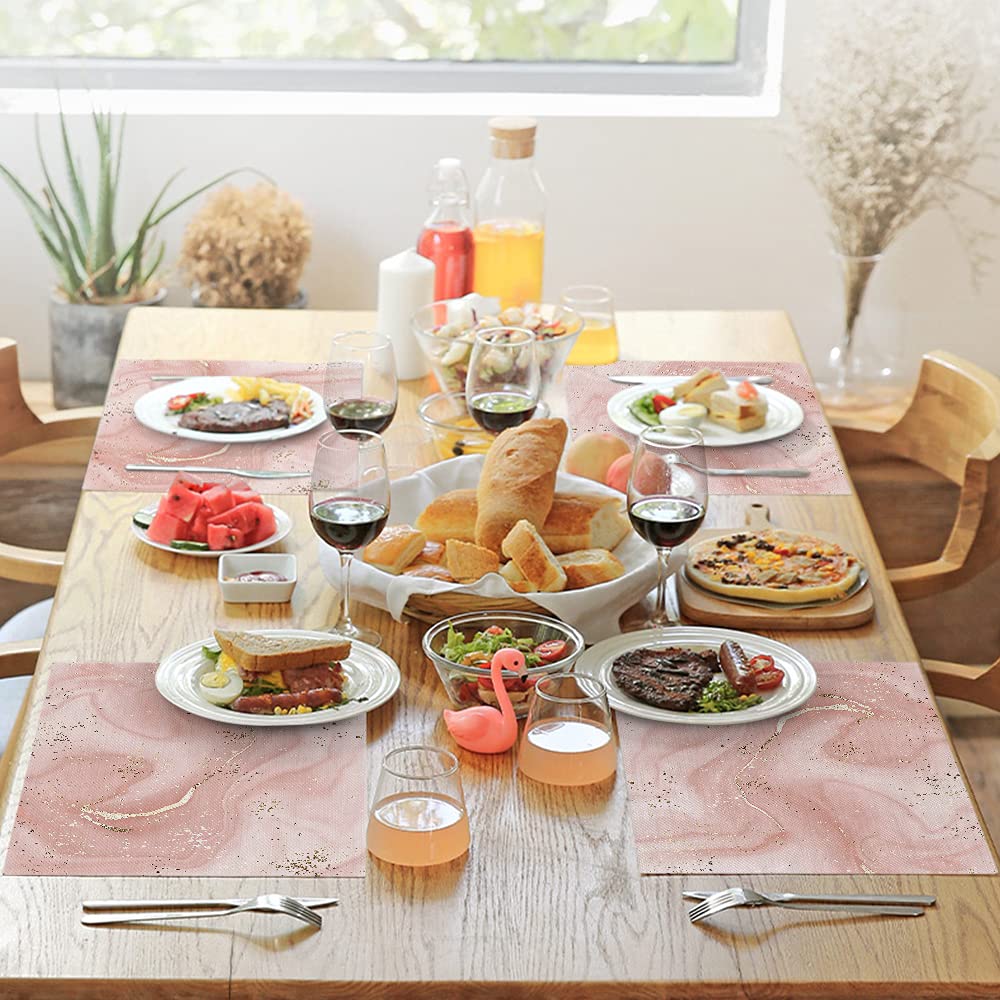 EKOBLA Aesthetic Marble Print Non-Slip Placemats - Set of 4 Washable Cotton Linen Table Mats with Gold Glitter Splatter Design, Heat Resistant for Dining Table & Kitchen Decor | Perfect for Dinner Parties, Brunch, and Home Styling