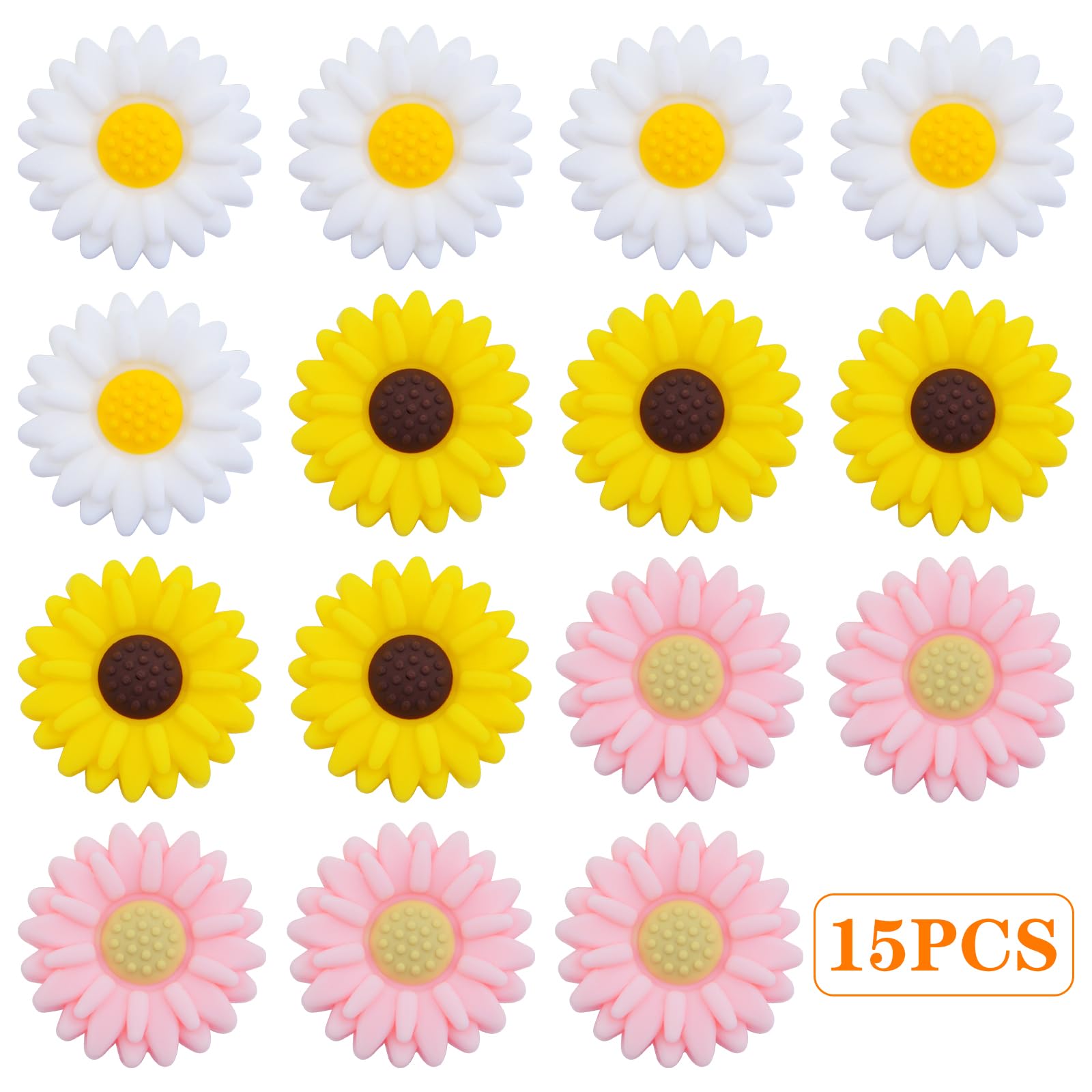 15pcs Sunflower Silicone Beads for DIY Jewelry & Crafts - 20mm Daisy Flower Spacer Beads in 3 Colors, Perfect for Keychains & Lanyards