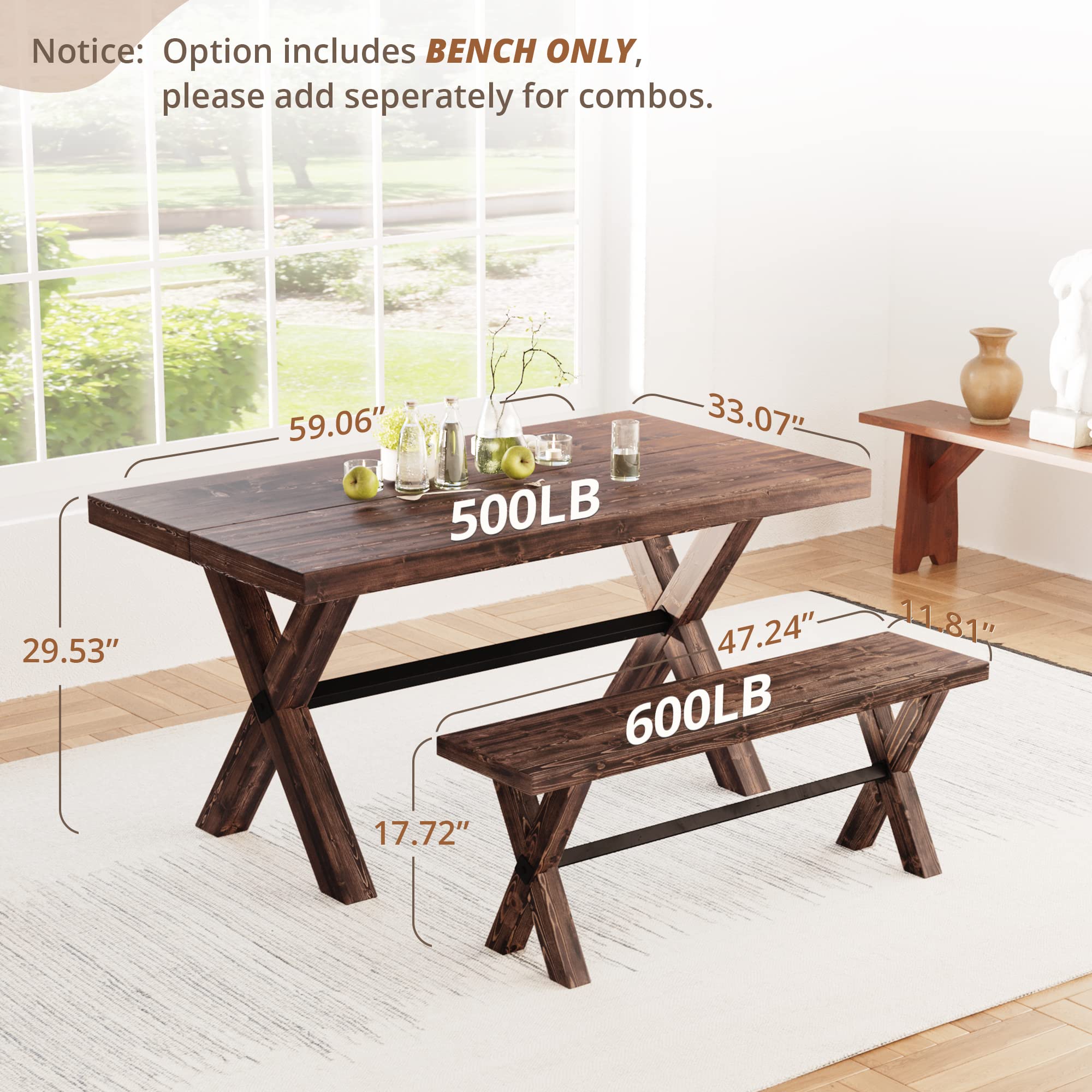 LUE BONA 47 Inch Solid Wood Dining Bench - Farmhouse Style Kitchen Bench with Natural Wood Grain - Heavy Duty Rectangular Dining Bench for Home, Kitchen & Dining Room - Dark Brown - Perfect for Farmhouse Decor, Breakfast Nook & Family Gatherings