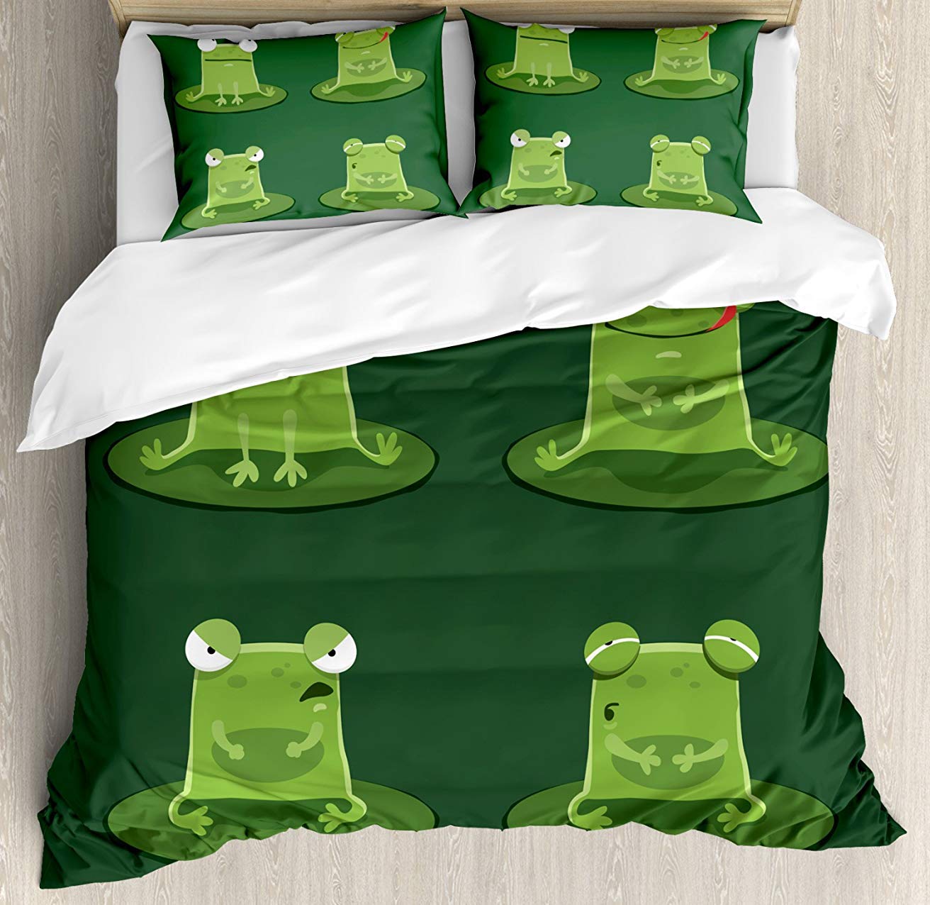 Funny Muzzy Frog on Lily Pad 3-Piece Full Bedding Set - Soft Comforter Duvet Cover with 2 Decorative Pillowcases for Kids, Teens & Adults - Perfect for Bedroom, Dorm Room & Sleepovers