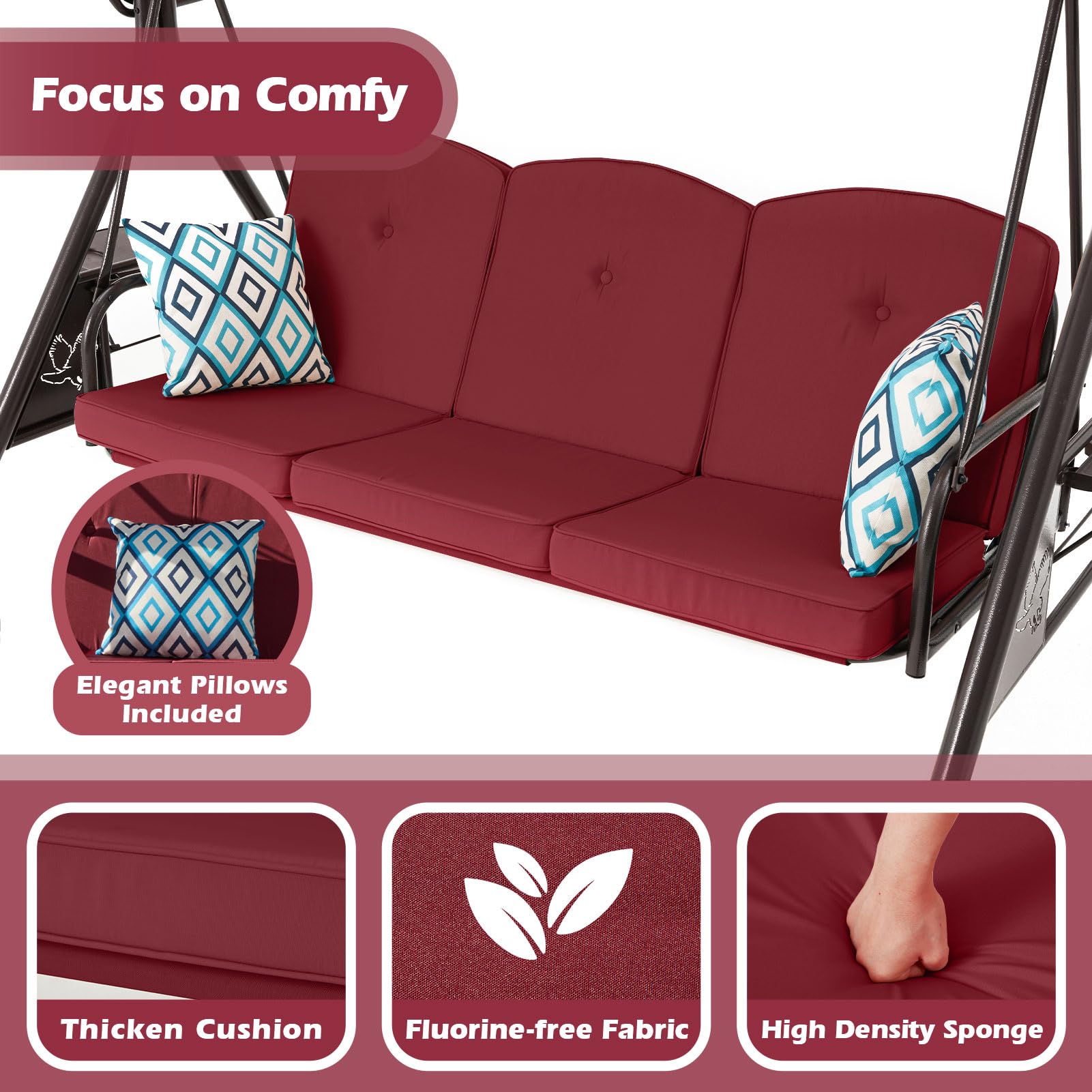 3-Seat Outdoor Porch Swing with Stand & Canopy - 2-in-1 Patio Swing Bed & Chair for Adults - Includes Pillows & Cup Holder - Perfect for Backyard, Garden, Deck Relaxation (Wine Red, Style C)