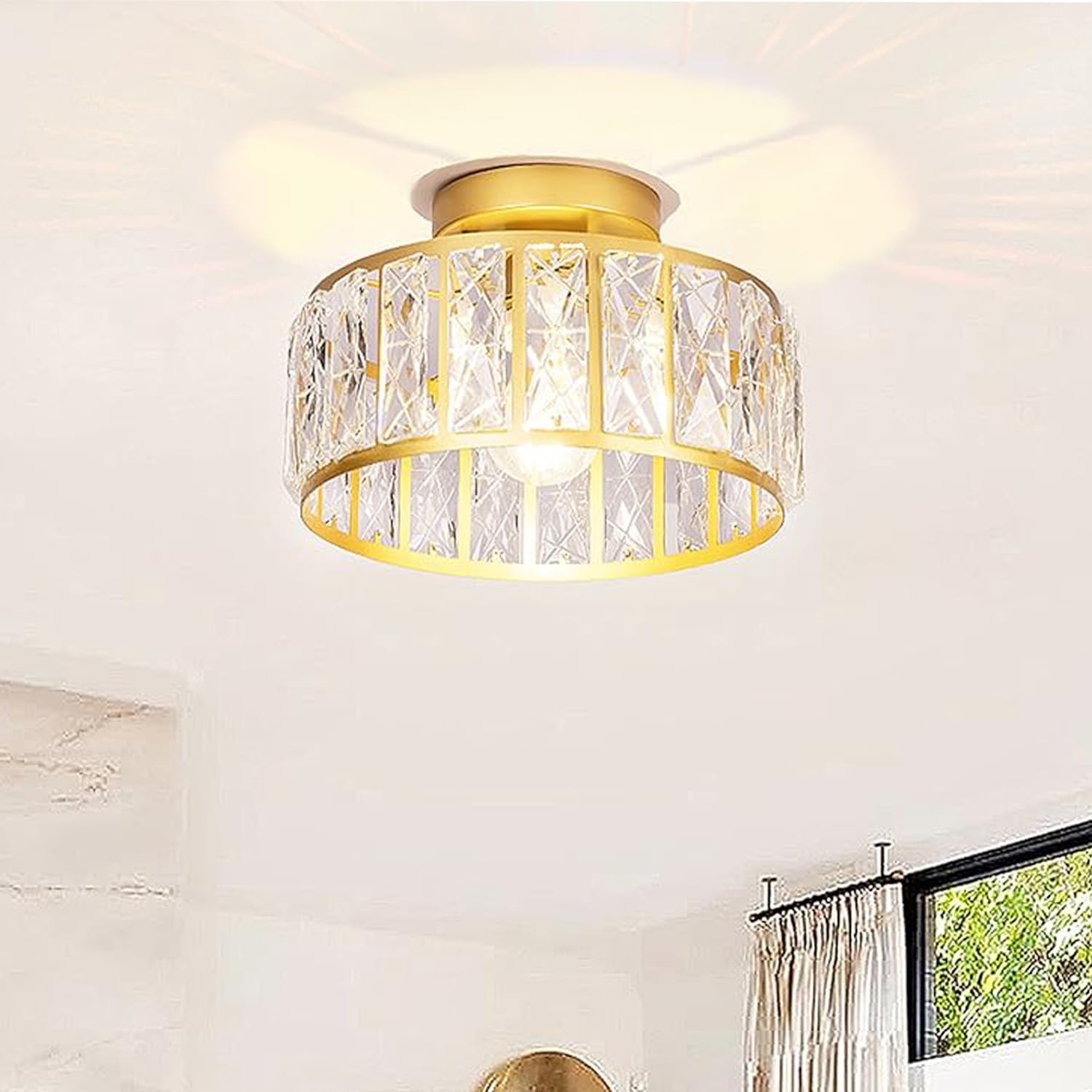 Modern Gold Semi Flush Mount Ceiling Light - Crystal Chandelier Lighting Fixture for Hallway, Kitchen, Entryway, Bedroom & Laundry | Elegant Home Decor & Ambient Lighting Solution