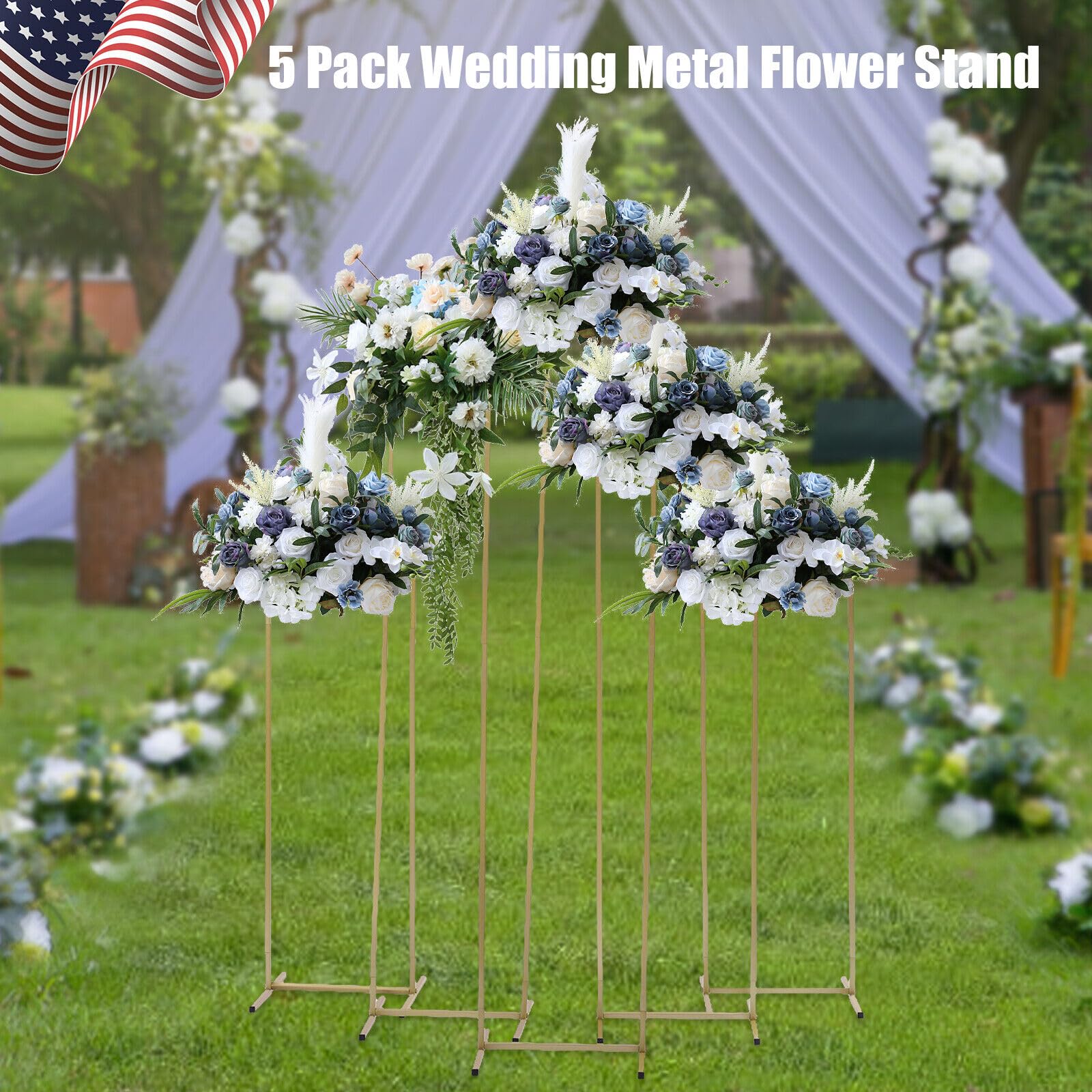 5-Piece Floral Metal Wedding Arch Kit - Gold Stainless Steel Polygonal Flower Stand for Garden, Balloon Decor, Birthday & Outdoor Events - Perfect for Backdrops, Wreaths & Plant Displays