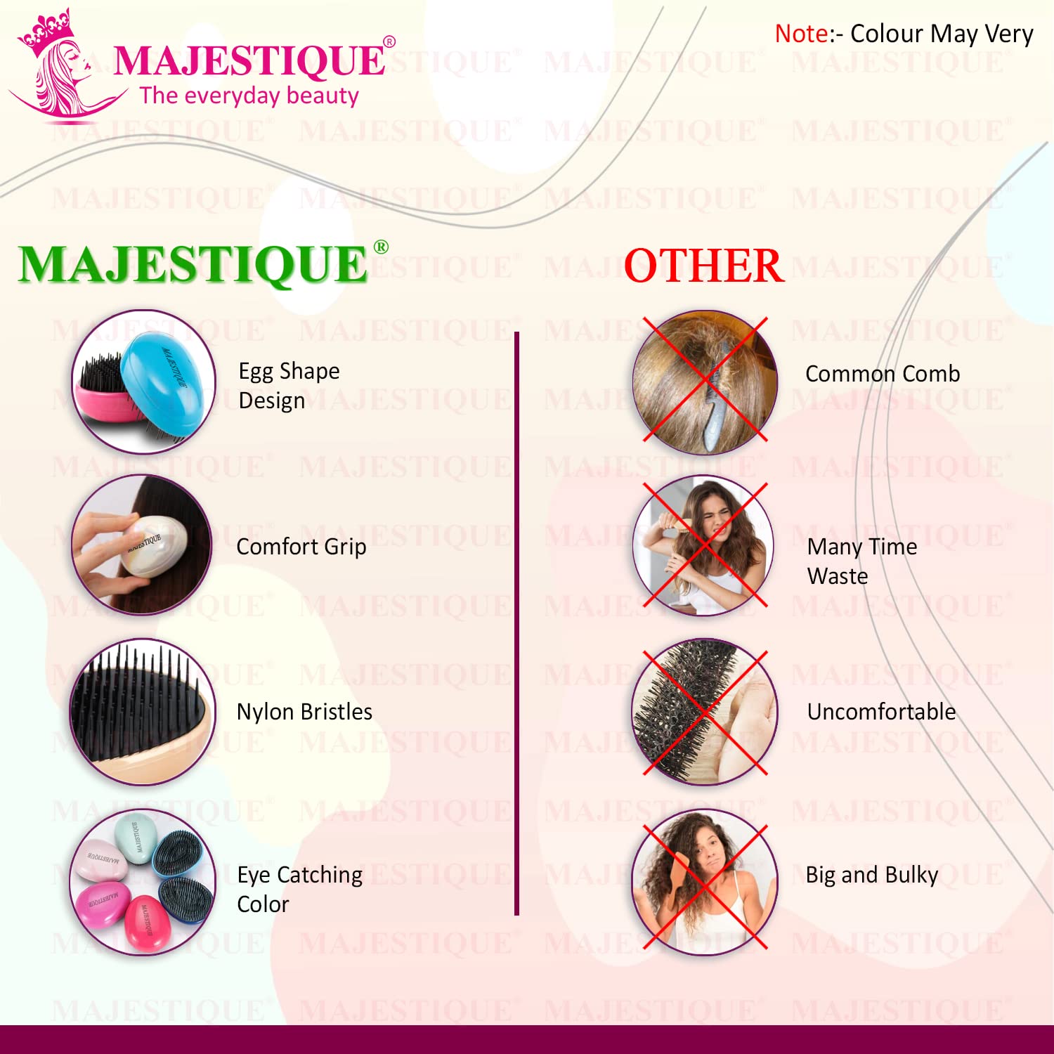 Majestique Egg Shaped Detangling Hair Brush for Women & Men - Anti-Static Hair Comb Reduces Breakage & Frizz - Anti-Dandruff Scalp Massager Brush (Color May Vary) | Perfect for Daily Styling, Travel & Salon Use