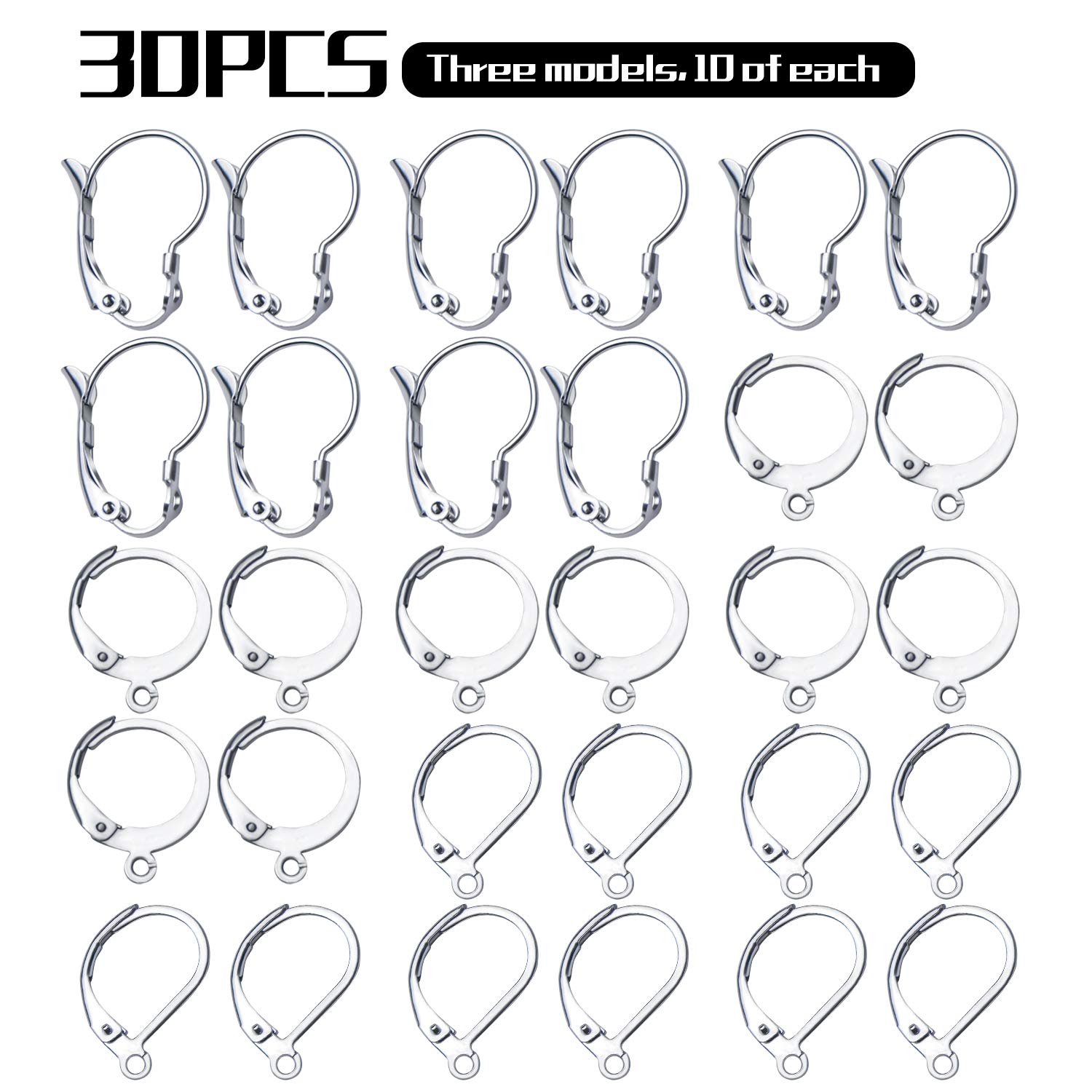 Aylifu 30pcs Stainless Steel Leverback Earring Hooks - Round, Oval, Gourd Shapes in Silver | Jewelry Making Supplies for DIY Earrings & Craft Projects