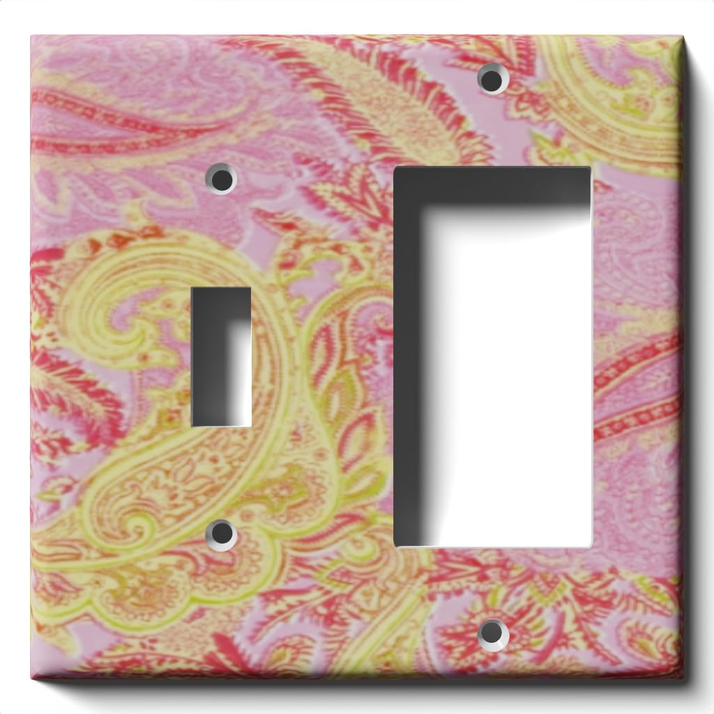 Pink and Yellow Paisley Decorative GFCI Outlet Cover with Light Switch Plate - Single Toggle and Decora Rocker Wall Plate for Bedroom, Bathroom, and Kitchen Decor