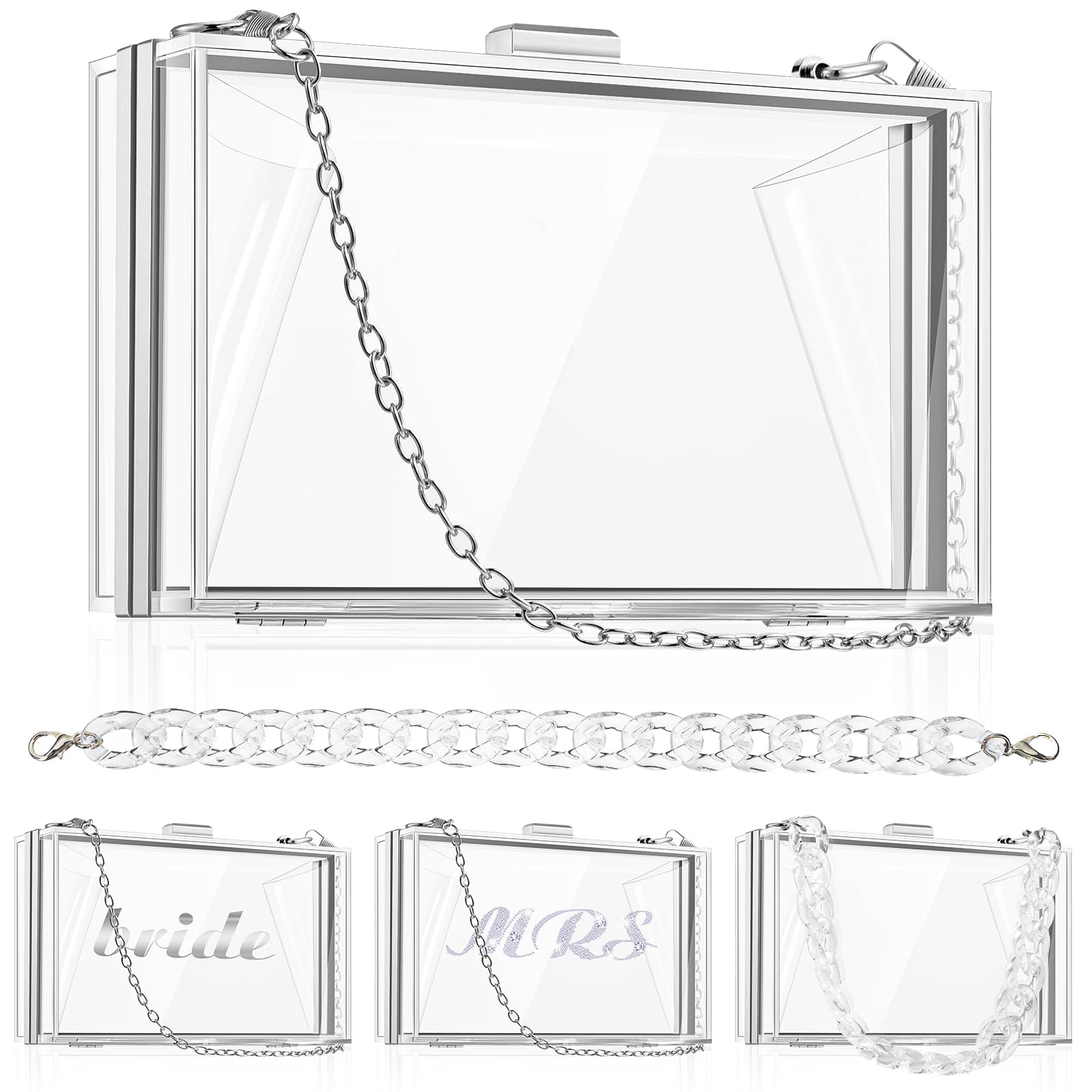 Kacctyen 4 Pack Clear Acrylic Clutch Purse - Transparent Stadium Approved Handbag with 4 Detachable Chain Straps | Perfect for Concerts, Sporting Events & Night Out Accessories