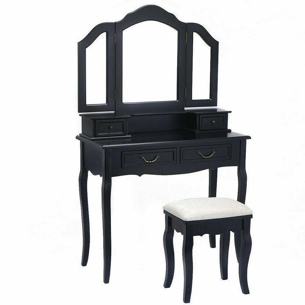 DefensDR Black Tri-Folding Mirror Vanity Set with 4 Drawers, Makeup Dressing Table & Stool - Portable Beauty Desk for Bedroom, Dorm or Small Space | Perfect for Makeup Application, Skincare Routine and Hair Styling