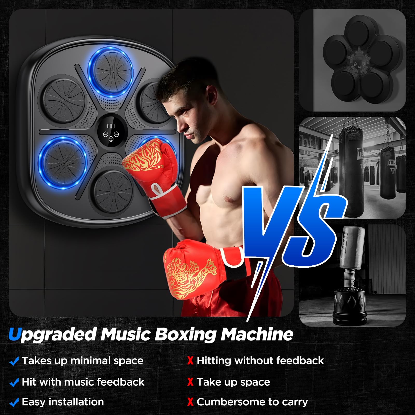 2024 Smart Music Boxing Machine with Speed Adjustment - Boxing Training Equipment with Gloves, Electronic Punching Pad for Home Gym - Perfect for Fitness, Stress Relief & Cardio Workouts (Black)