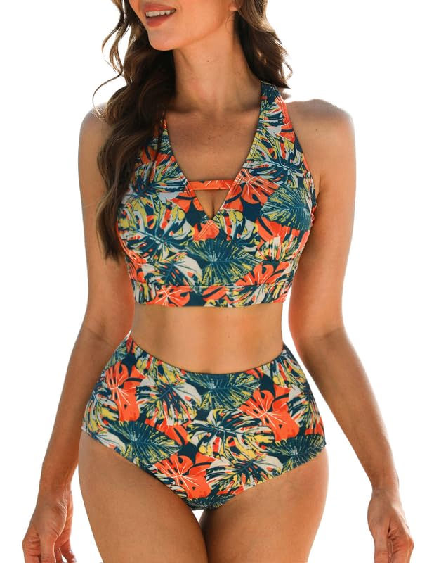 JASAMBAC Women's Sexy V-Neck Bikini Set - Soft Comfortable High Waist Swimwear with Cut Out Design - Floral Printed Bathing Suit for Beach, Pool & Summer | Perfect for Swimming, Sunbathing, Resort Wear | Ideal for Beach Parties, Poolside Lounging, Island Vacations & Tropical Getaways | Great for Surfing, Water Sports & Summer Fashion