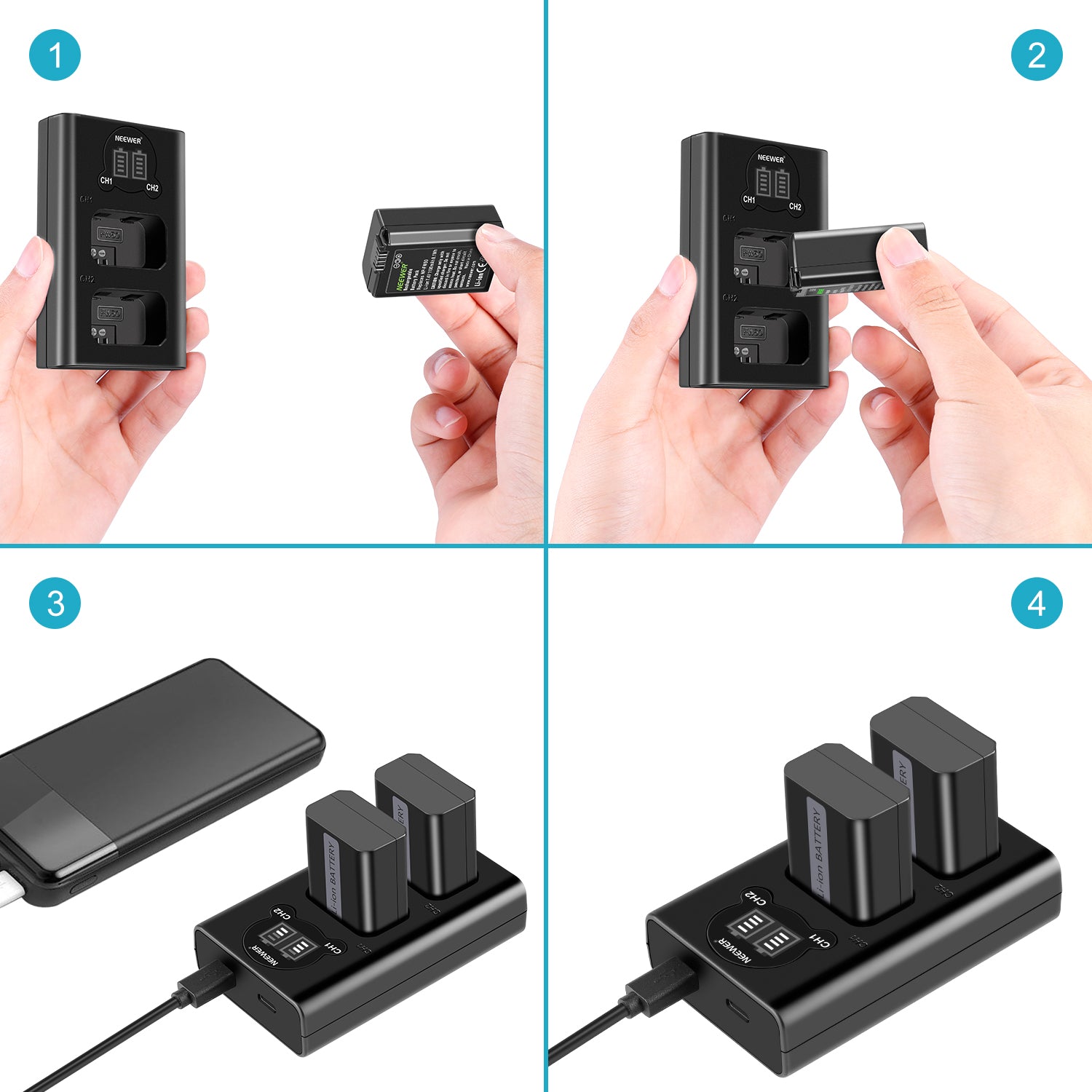 NEEWER 2 Pack NP-FW50 Replacement Battery and Dual USB Charger for Sony A7 III A7R III A6400 Cameras - Perfect for Travel Photography & Vlogging