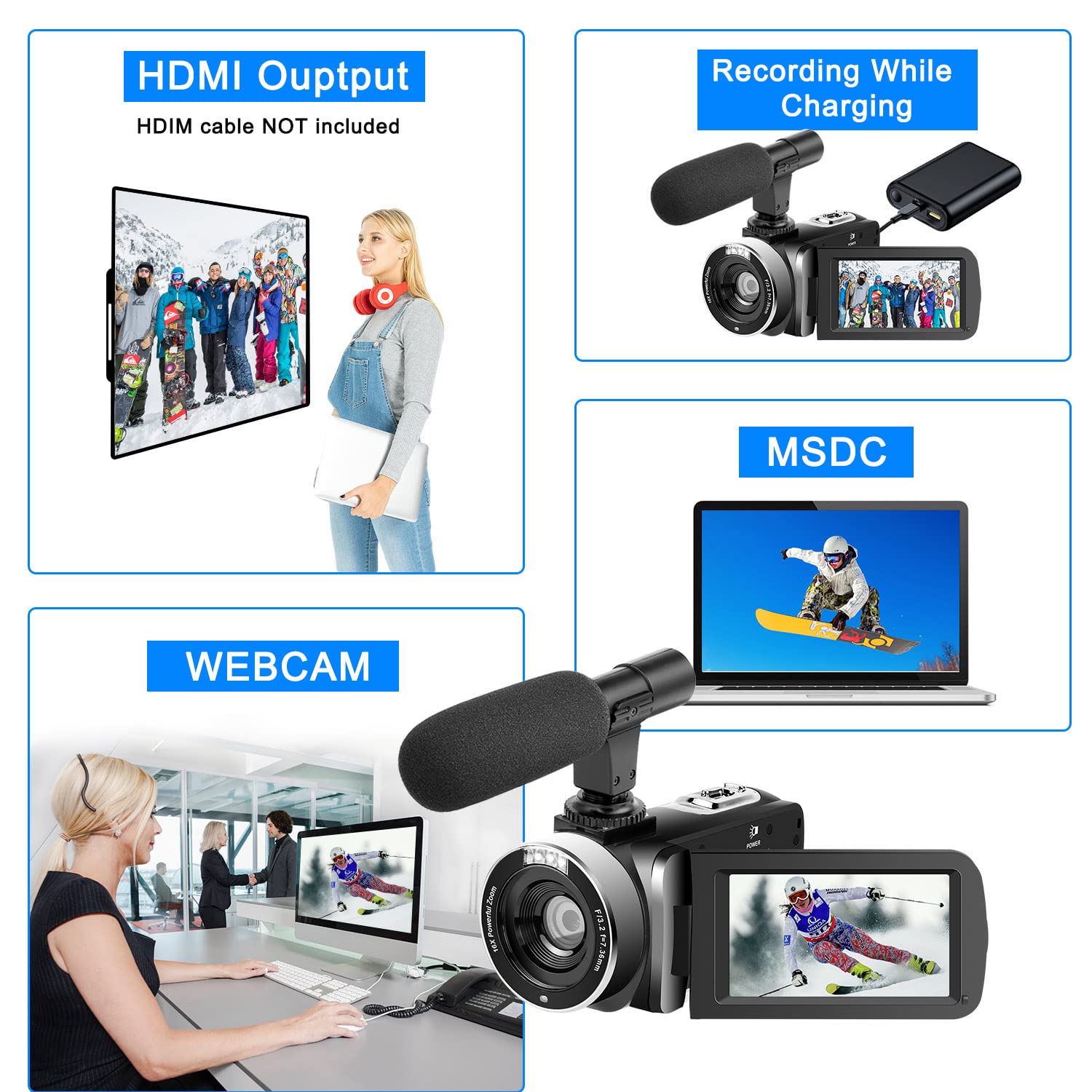 2.7K HD Camcorder - 30MP 30FPS Vlogging Camera with 3