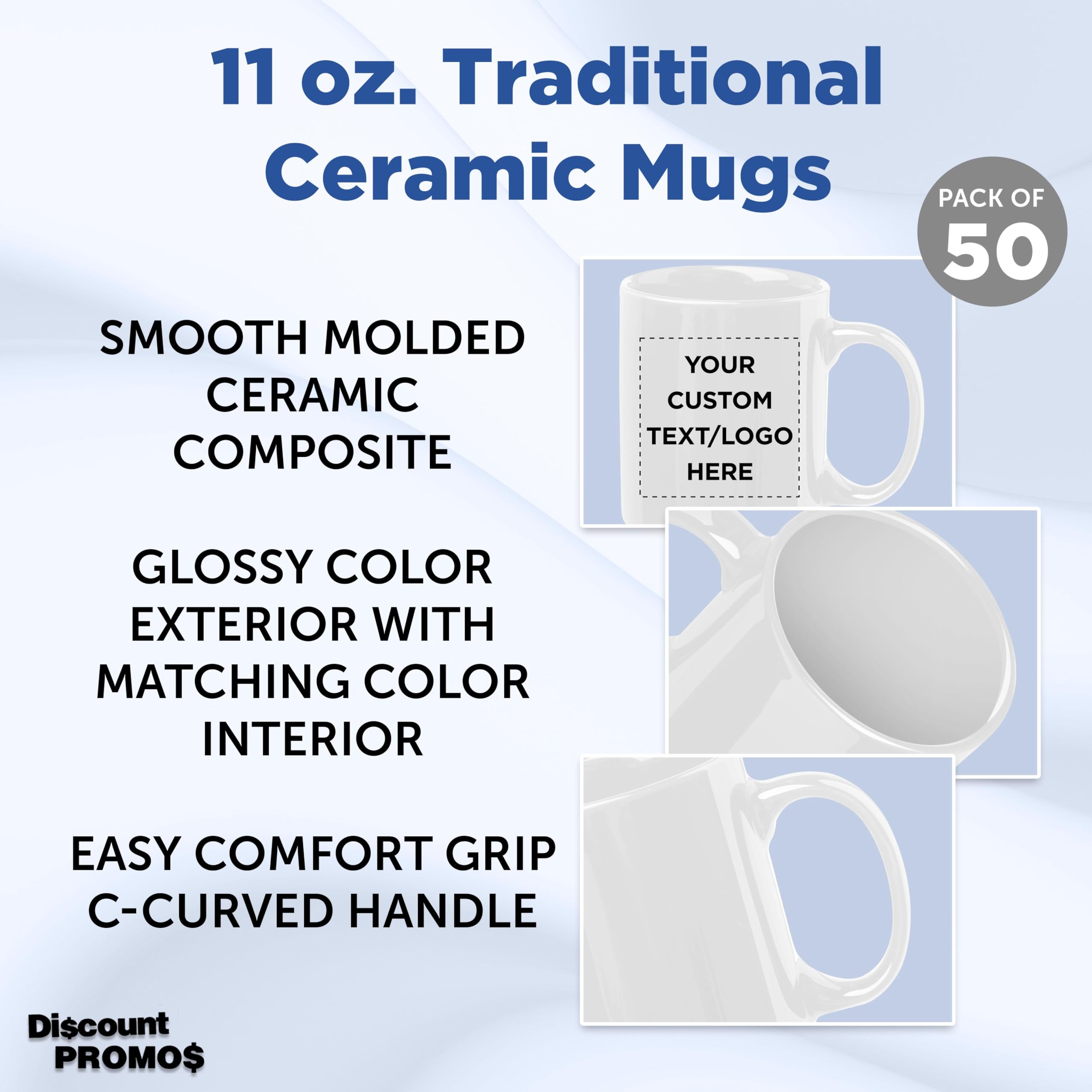 Custom Personalized Ceramic Coffee Mugs 11 oz Bulk Set of 50 - White Coffee Cups for Hot & Iced Drinks, Gaming, Office Use - Perfect for Restaurants, Cafes, Corporate Gifts and Events