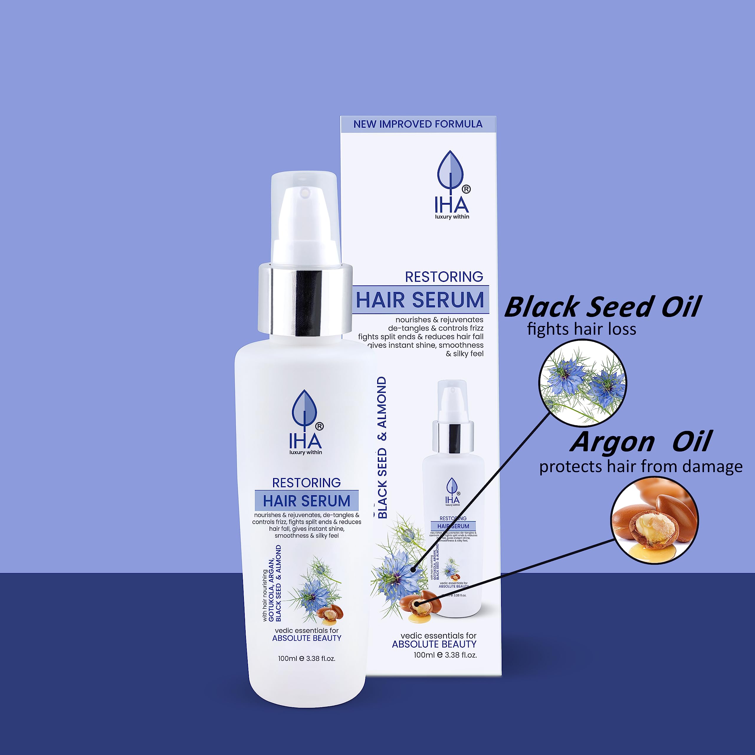IHA Herbal Hair Serum with Argan & Black Seed Oil - Anti Frizz & Anti Tangle Treatment for Silky Smooth Hair - 100ml for Men & Women - Perfect for Daily Hair Care, Styling & Damaged Hair Repair