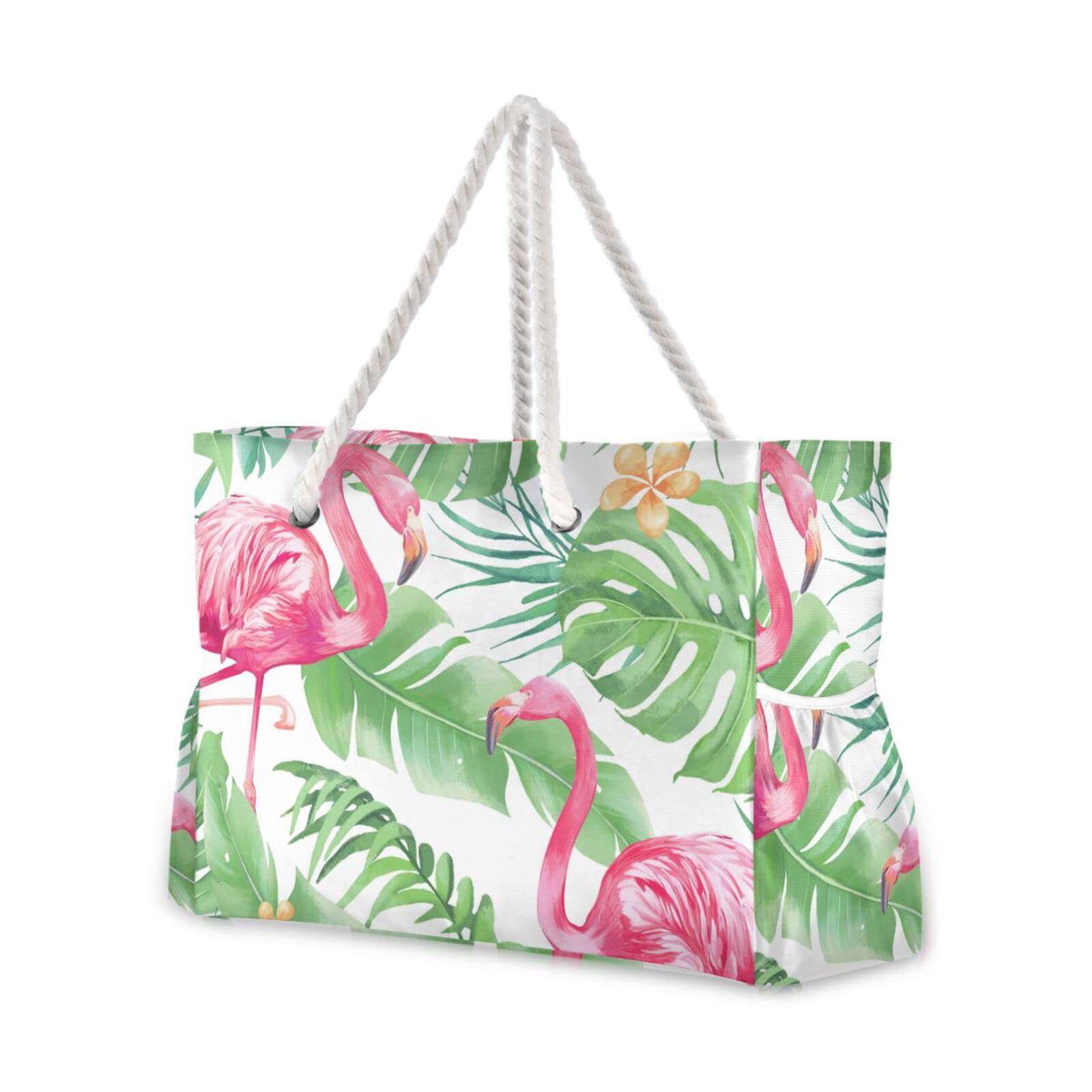 Vikko Pink Flamingo Print Large Beach Tote Bag - Waterproof Zippered Travel Shoulder Bag for Women & Girls - Perfect for Pool, Vacation, Shopping and Summer Outings
