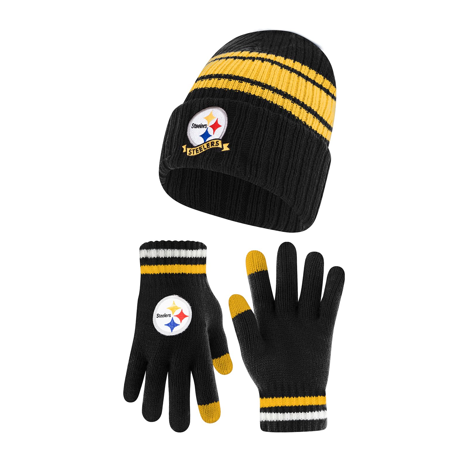 Youth NFL Team Stripe Winter Beanie & Gloves - Super Soft for Cold Weather Games
