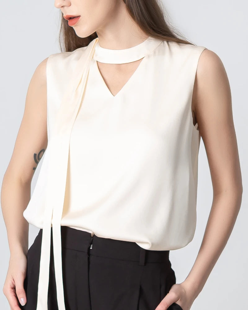 Elegant V-Neck Tie Front Sleeveless Silk Blouse for Women - Perfect for Office Wear, Date Night & Special Occasions